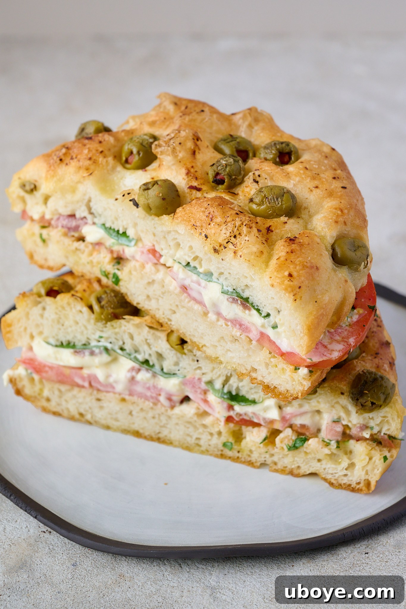 Olive focaccia bread sliced horizontally and filled with cheese, tomatoes, and basil, presented on a plate.
