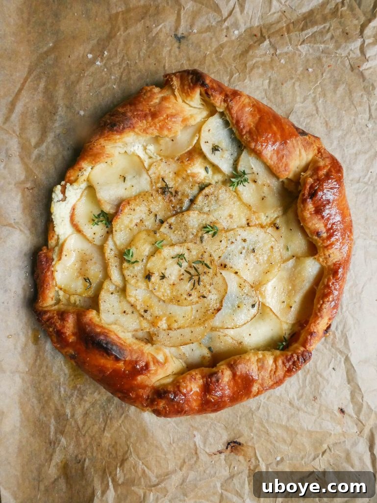 Golden Potato Tart with Garlic Confit and Flaky Sour Cream Pastry 2 Beautifully baked Potato Tart with Garlic Confit and Sour Cream Puff Pastry, showcasing golden crust and vibrant filling.