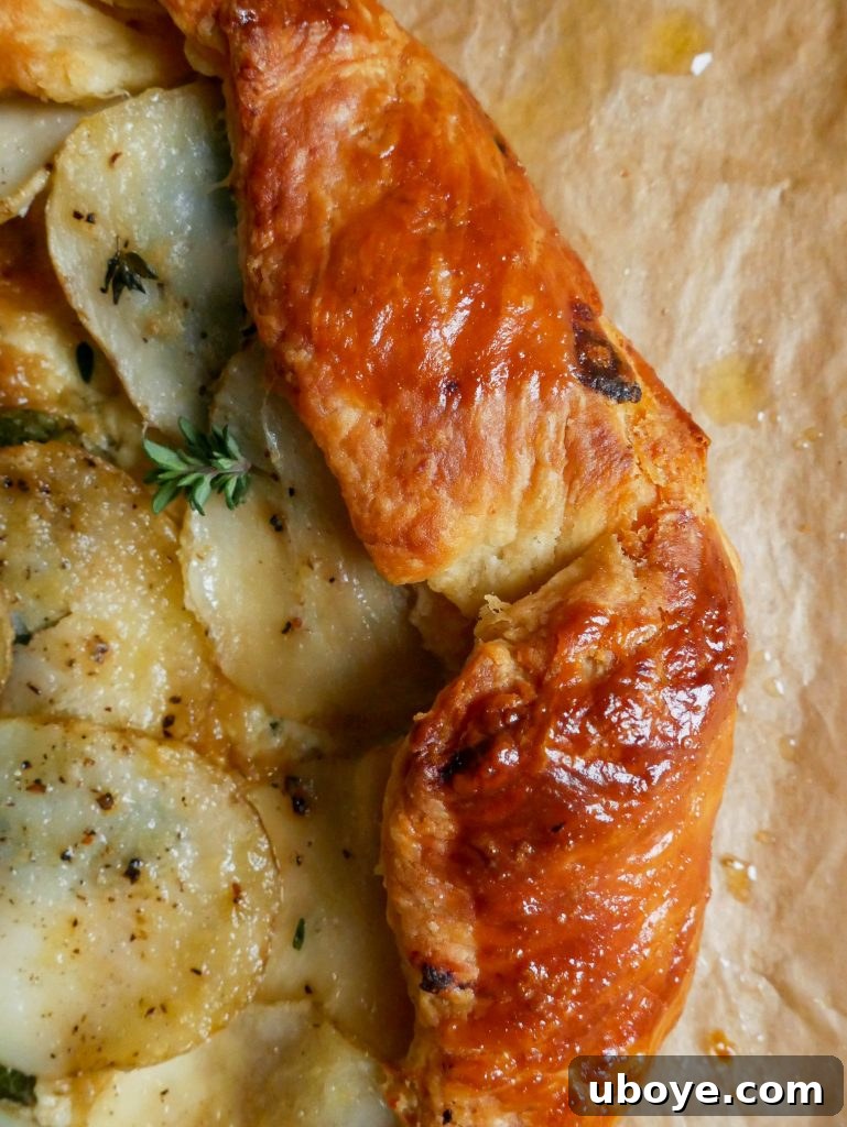 Golden Potato Tart with Garlic Confit and Flaky Sour Cream Pastry 9 Another perspective of the rustic potato tart, freshly baked and golden, resting on a baking sheet.
