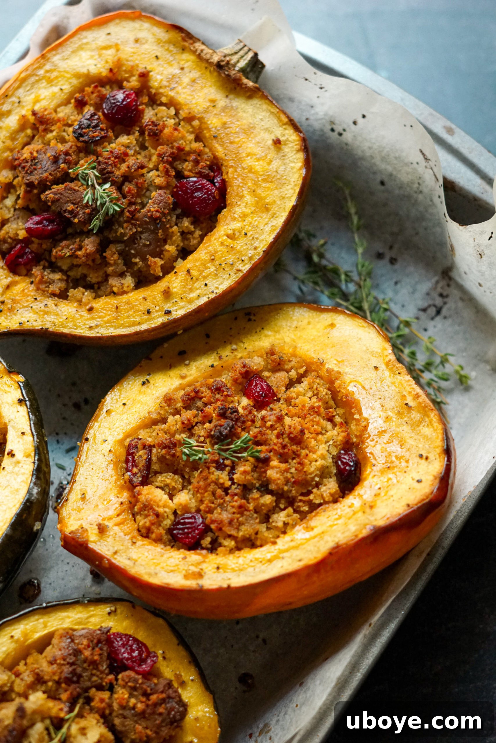 A visually appealing shot of the fully baked stuffed acorn squash, ready to be served, highlighting its rich textures and colors.