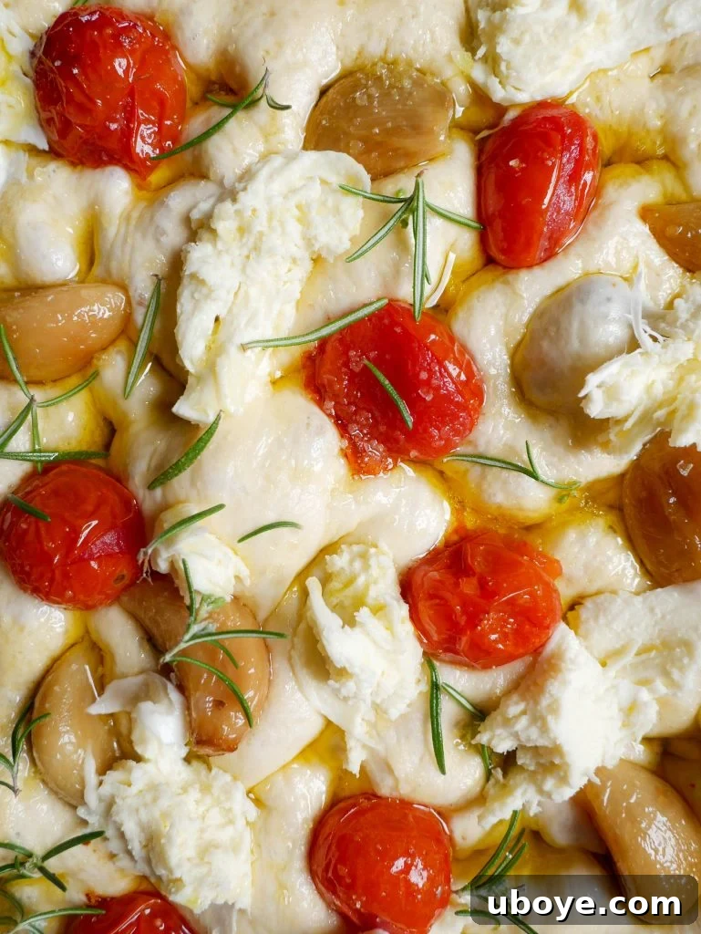 Close-up of fluffy cheesy focaccia with confit tomatoes and garlic.