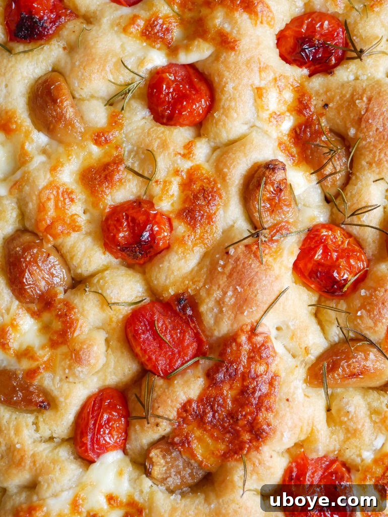Freshly baked cheesy focaccia, ready to be sliced and served.