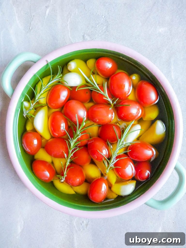 Close-up of baked garlic and tomato confit.