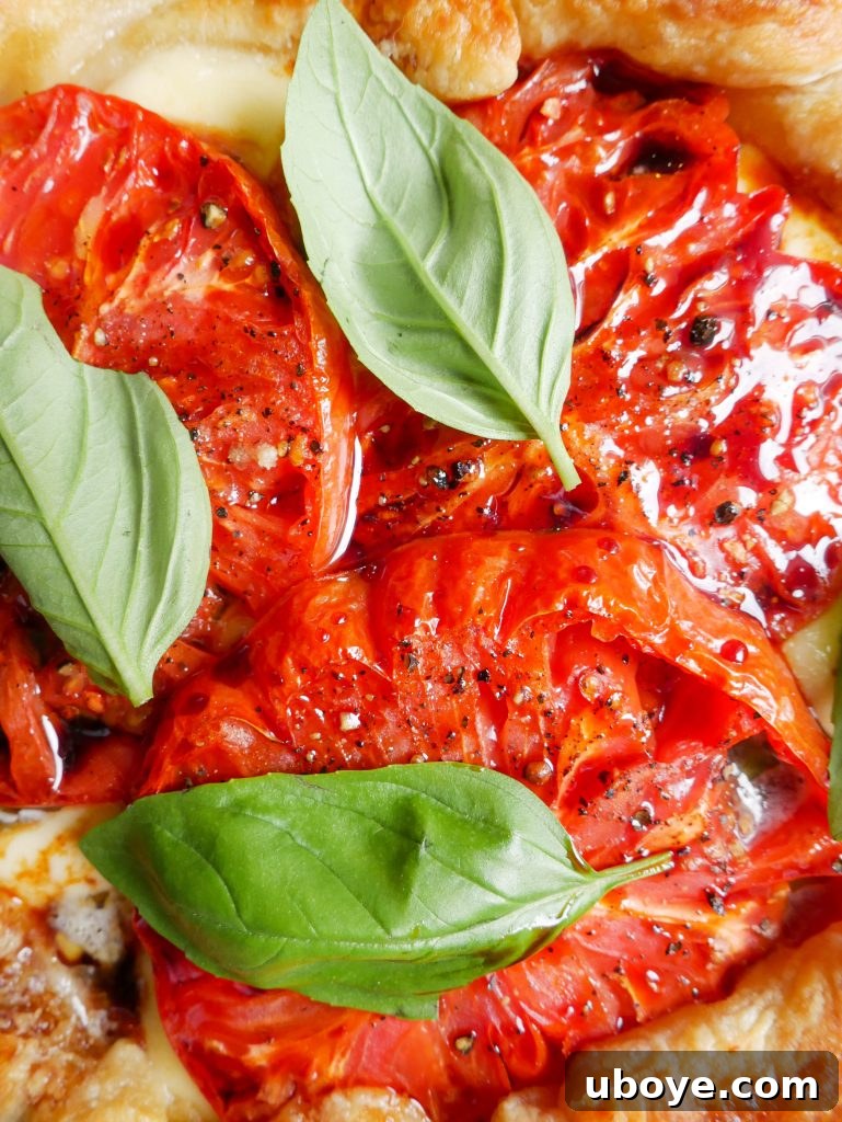Close-up of the Tomato, Mozzarella & Basil Galette showcasing its golden crust and fresh filling