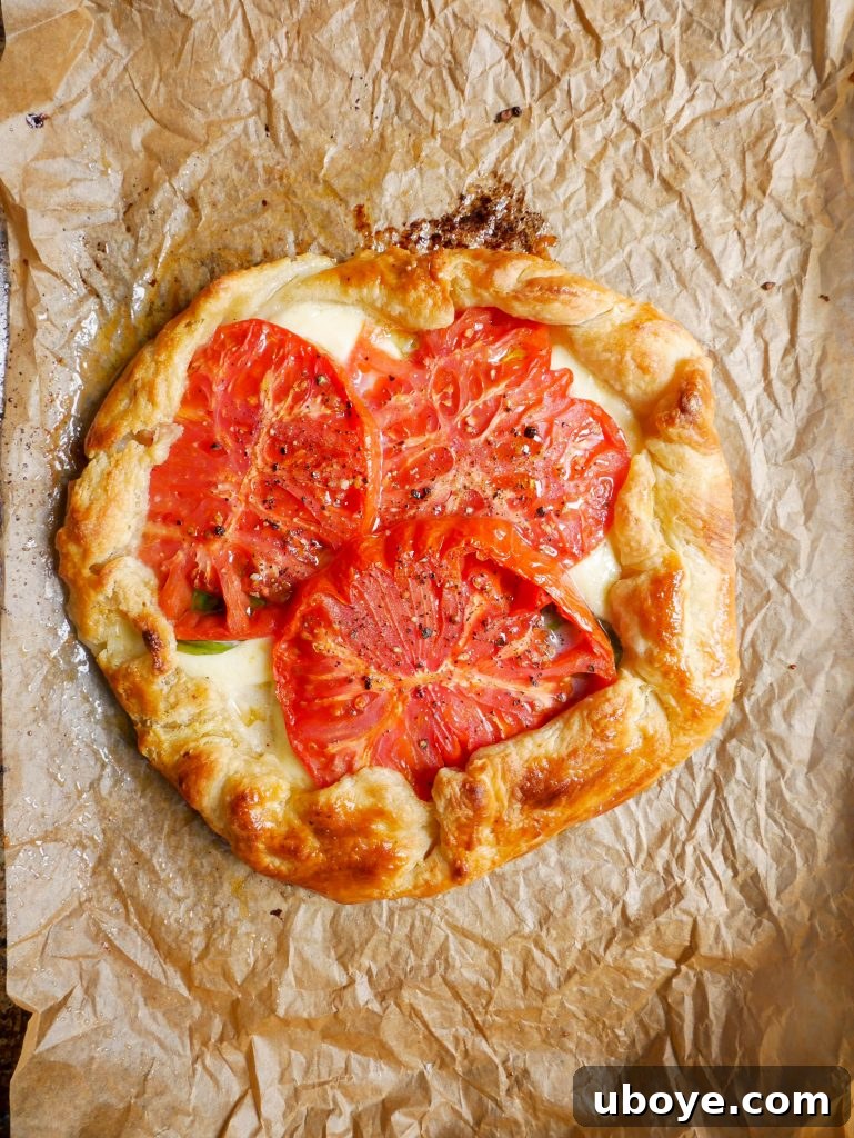 A slice of Tomato, Mozzarella & Basil Galette on a plate, ready to be served