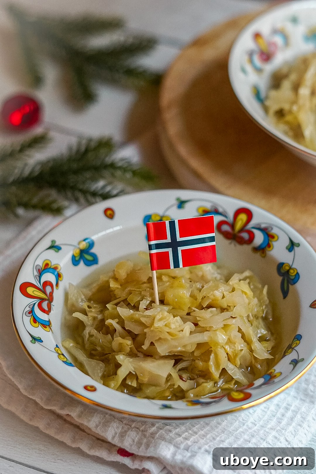 Traditional Norwegian Christmas table featuring a bowl of Surkal