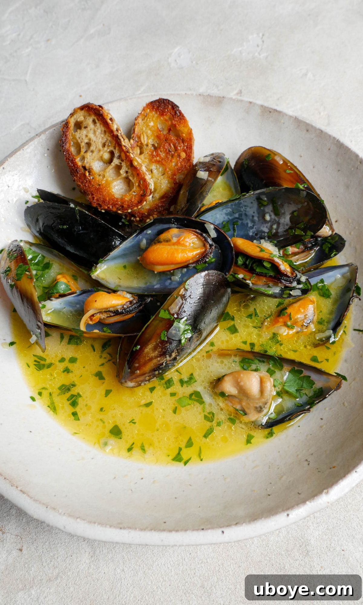 Aromatic White Wine Butter Mussels 8 A close-up shot of white wine butter mussels in a large serving bowl, garnished with fresh parsley and accompanied by golden-fried baguette slices.