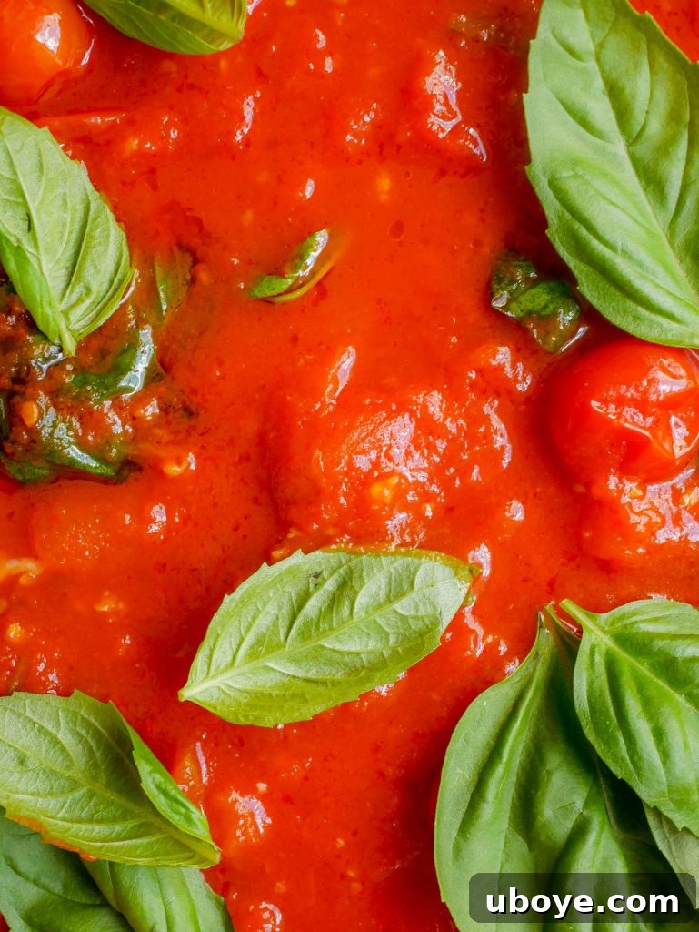 Rich homemade tomato and basil sauce in a pan
