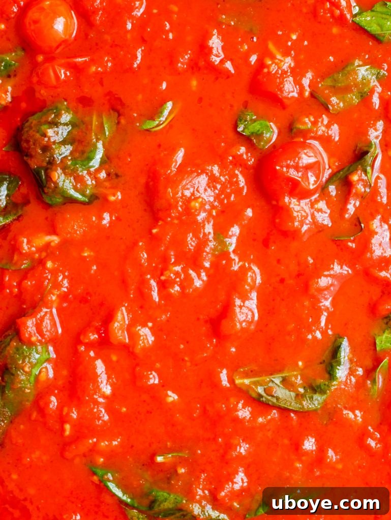 Close up shot of rich tomato and basil sauce in a serving bowl