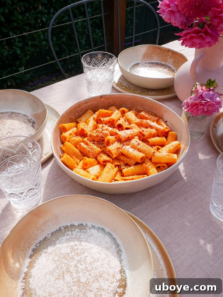 Close-up of pasta alla vodka in a pan