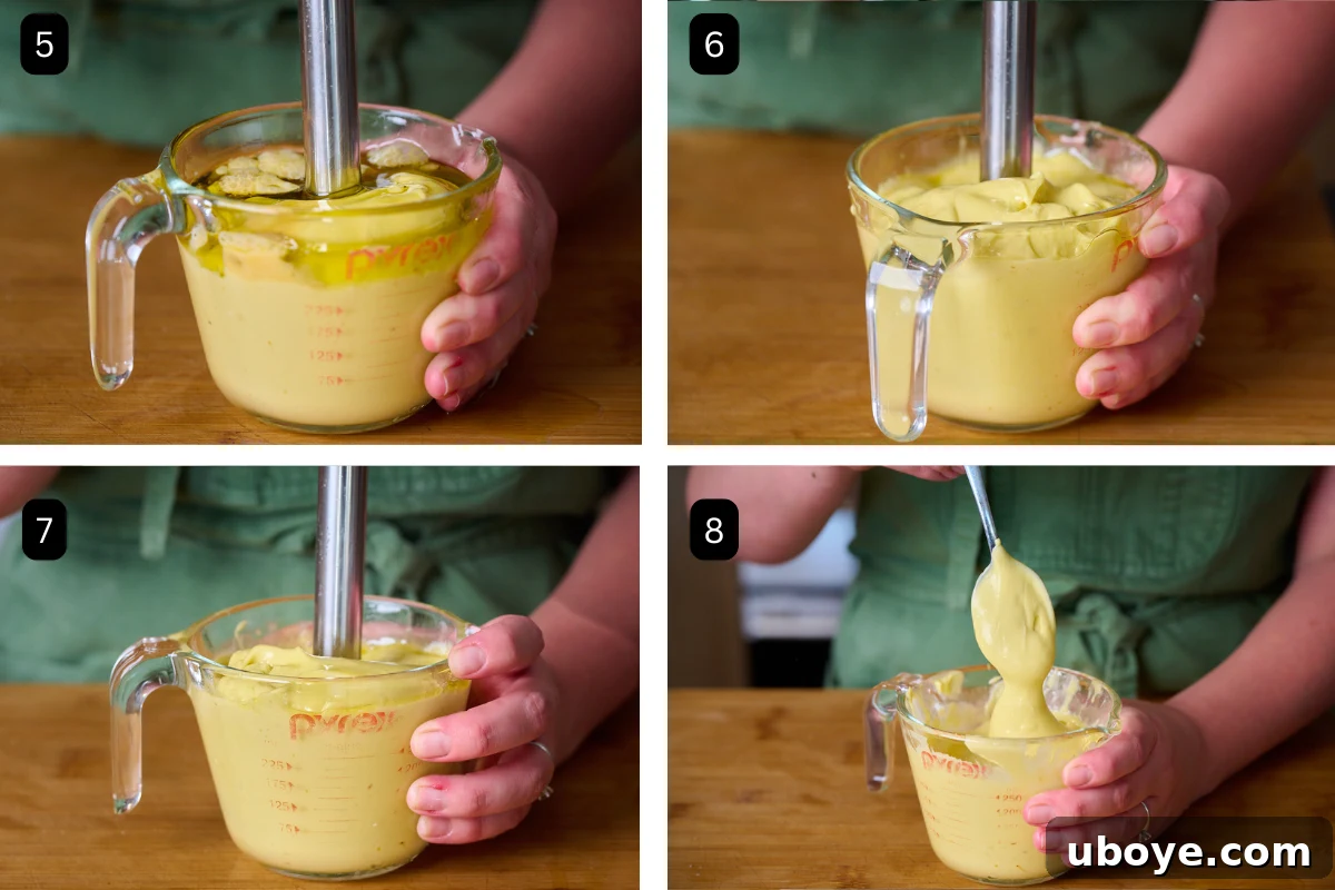 The images continue of how to make the garlic confit aioli with the immersion blender going up and down in a glass jar and emulsifying everything into a thick consistency. The last image is of a spoon showing the mayonnaise. 