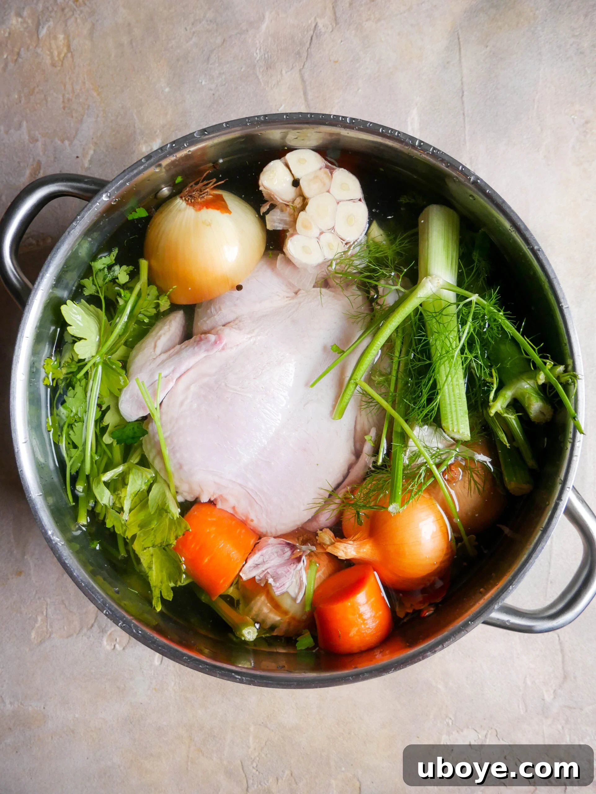Raw chicken and vegetables are placed in a large pot, submerged in water, ready for simmering.