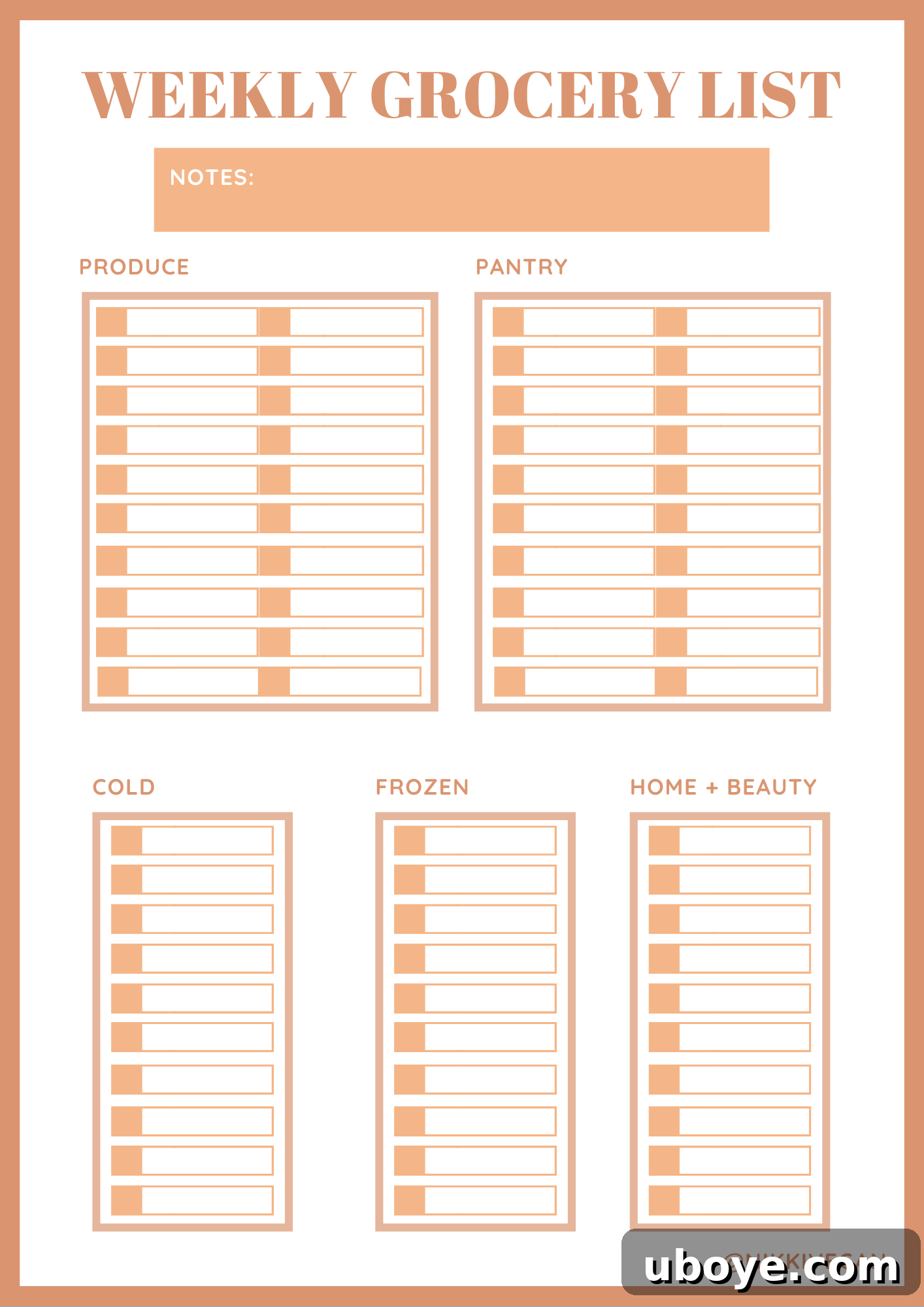 Terra Cotta colored printable grocery list with sections for efficient planning