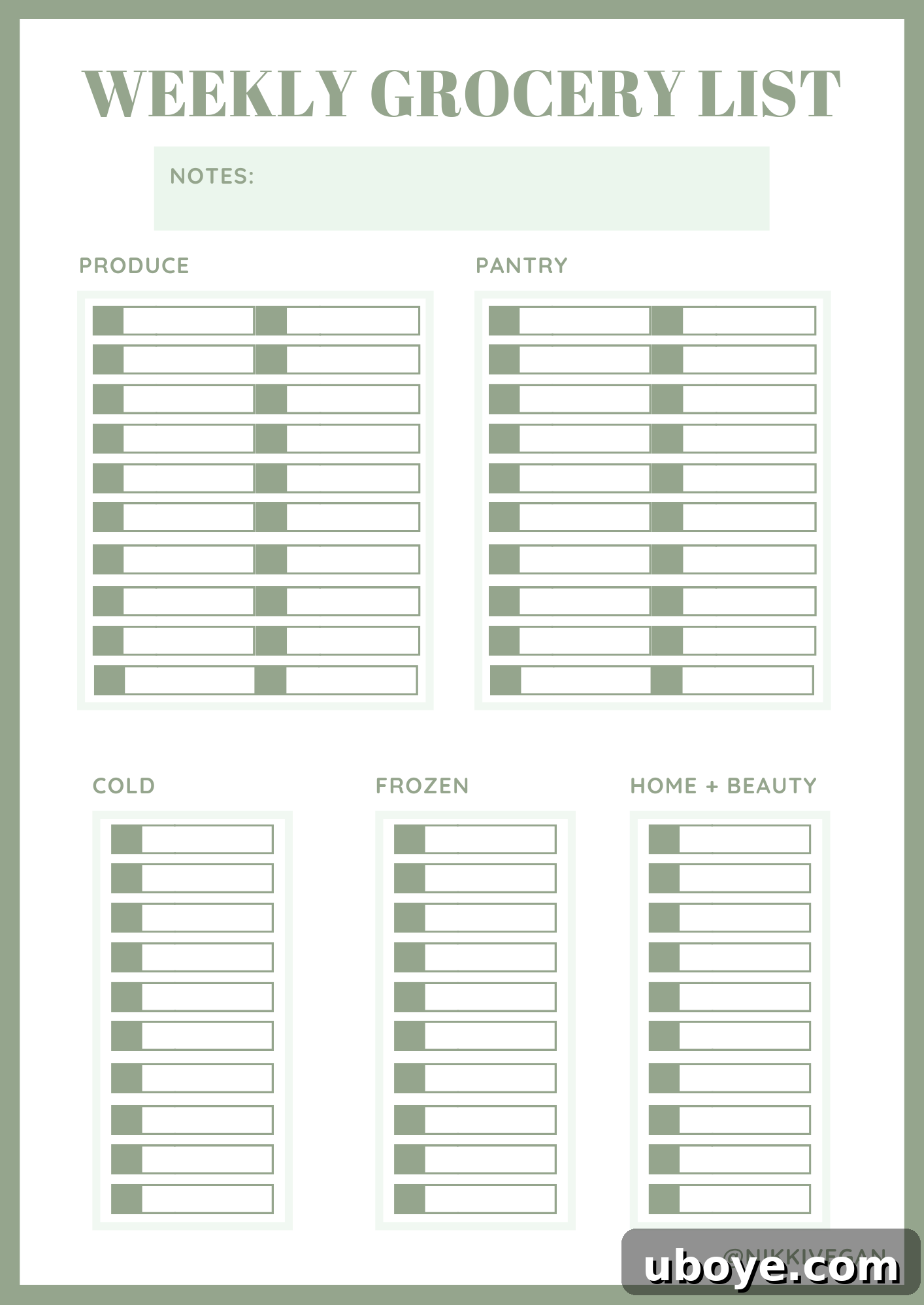 Sage Green colored printable grocery list for stress-free shopping