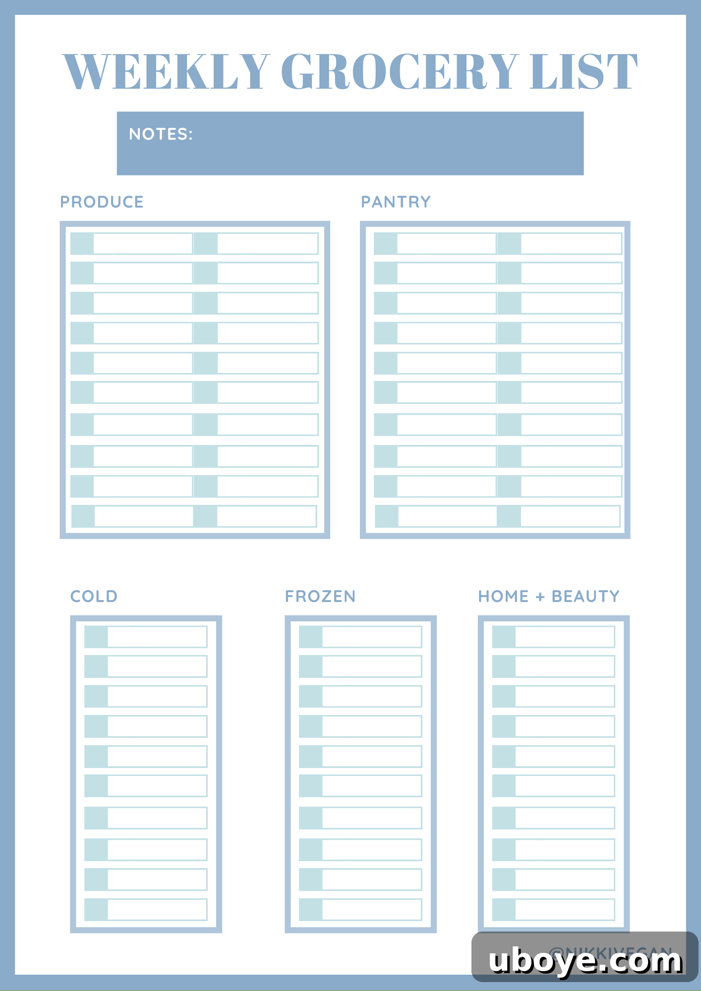 Cerulean Blue printable shopping list sections for easy organization