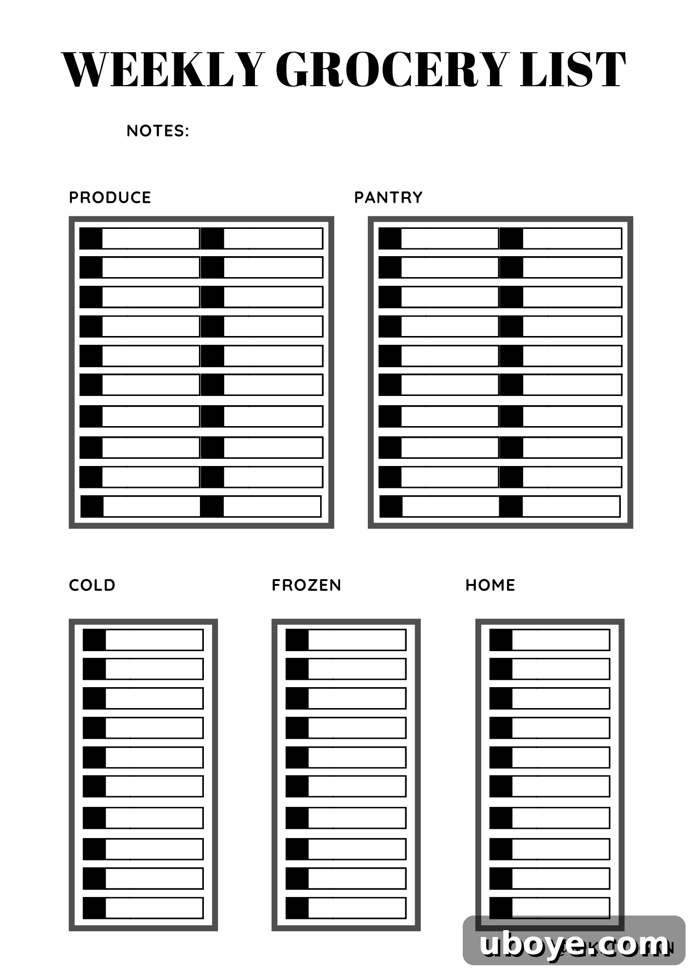 Classic Black and White printable grocery list for simple, organized shopping