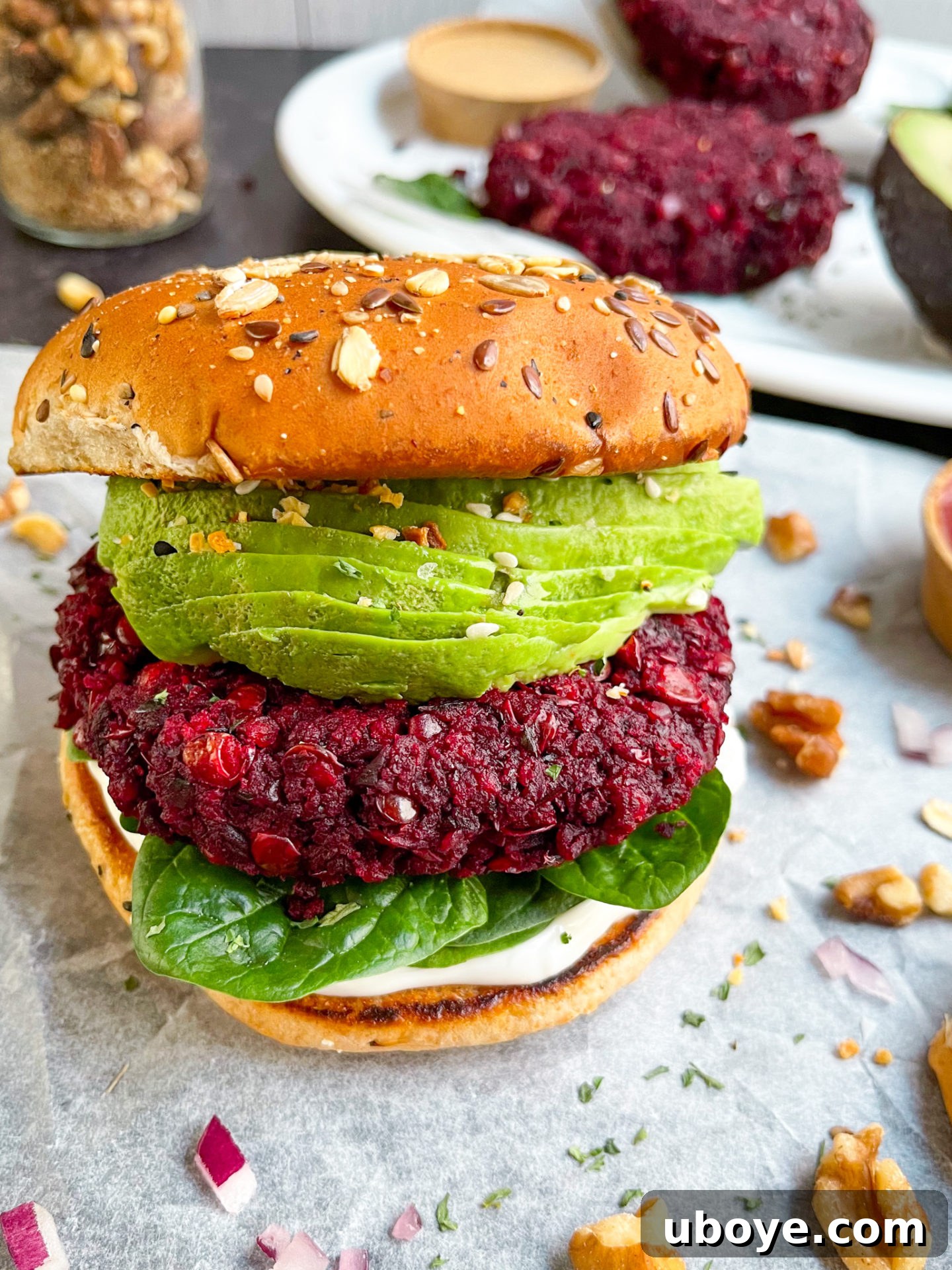 Ruby Red Beet and Walnut Burgers 4 Ingredients for vegan veggie burgers, including beet, lentils, and walnuts