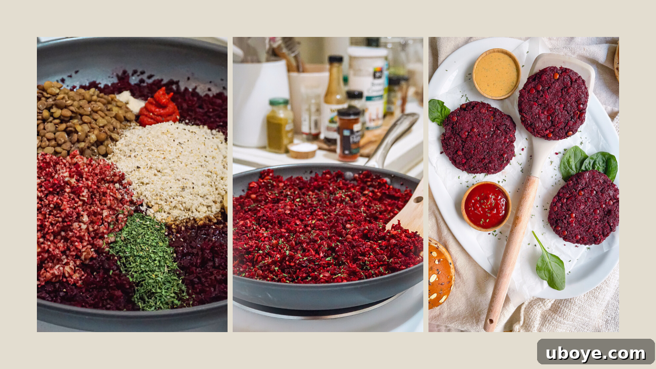 Ruby Red Beet and Walnut Burgers 5 Step-by-step images showing the process of making vegan veggie burgers