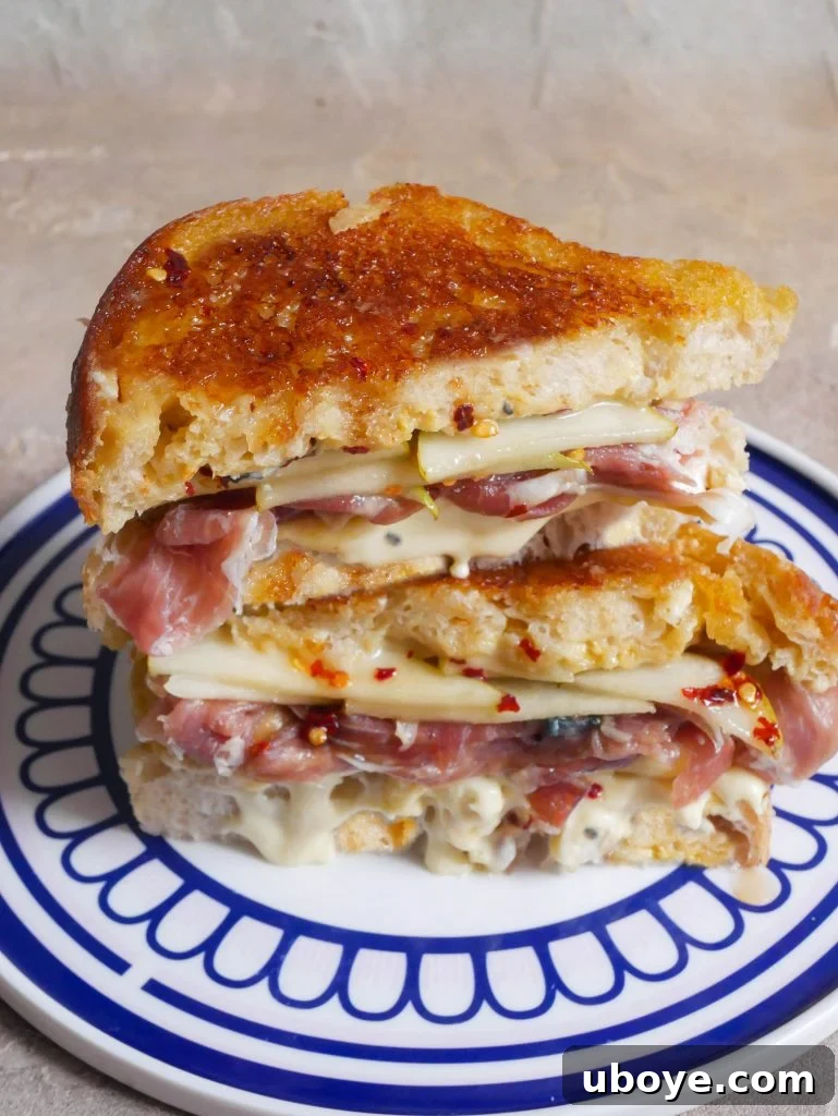 Hand holding a perfectly golden Triple Cream Brie & Hot Honey Toastie