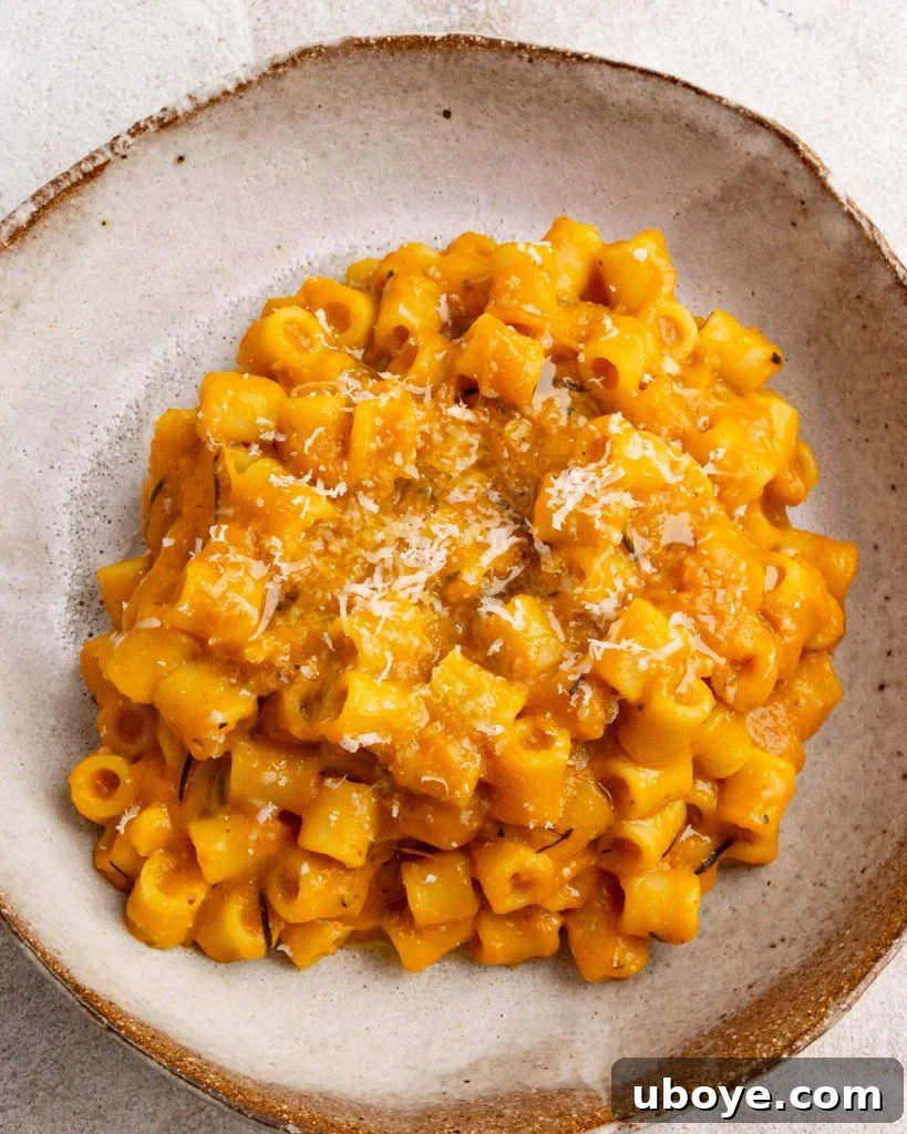 A brown bowl holds a generous serving of creamy roasted pumpkin and garlic pasta, garnished with freshly grated Parmesan cheese on top. 