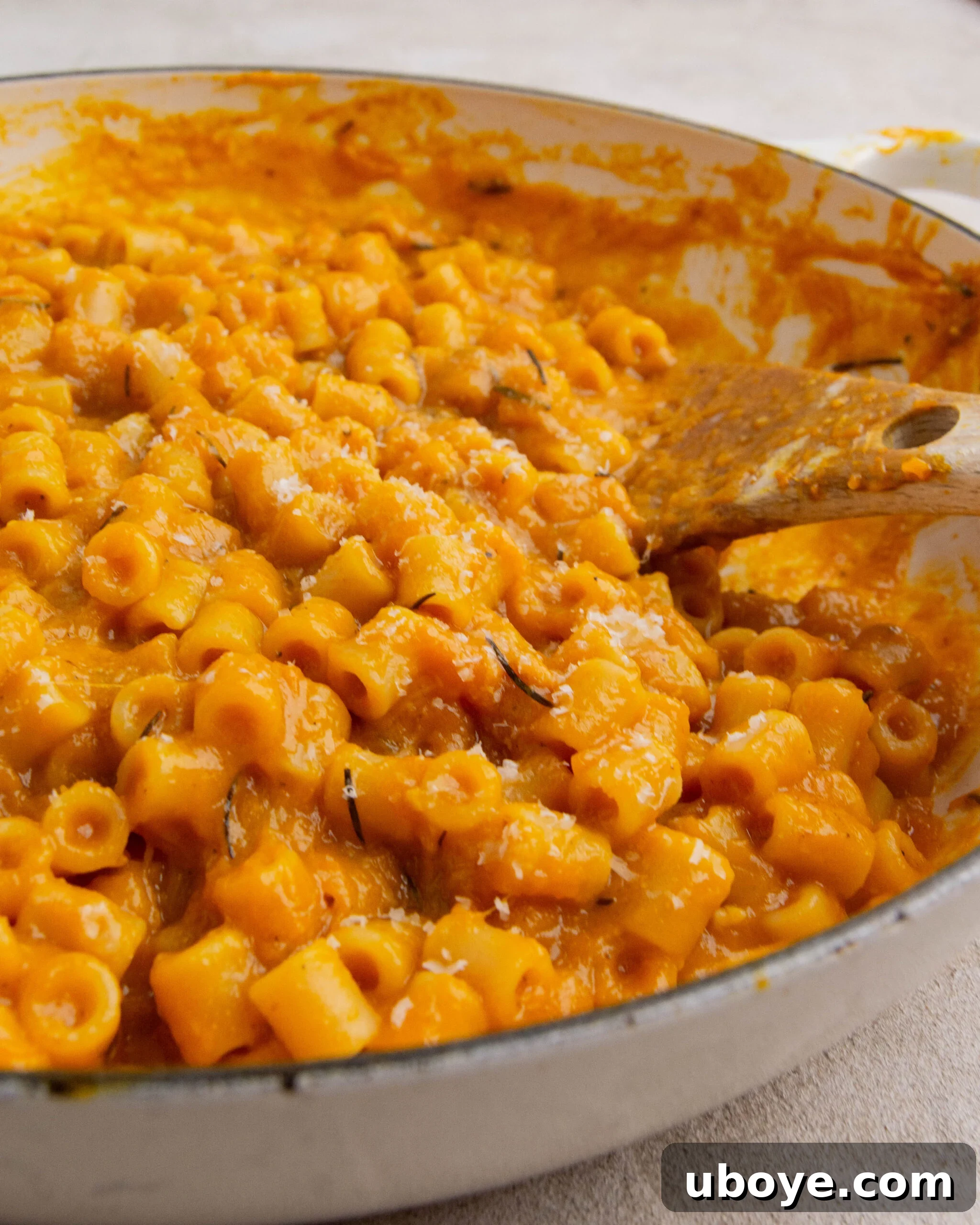 A large white pot filled with creamy roasted pumpkin and garlic pasta, featuring a wooden spoon on the side, ready to be served.