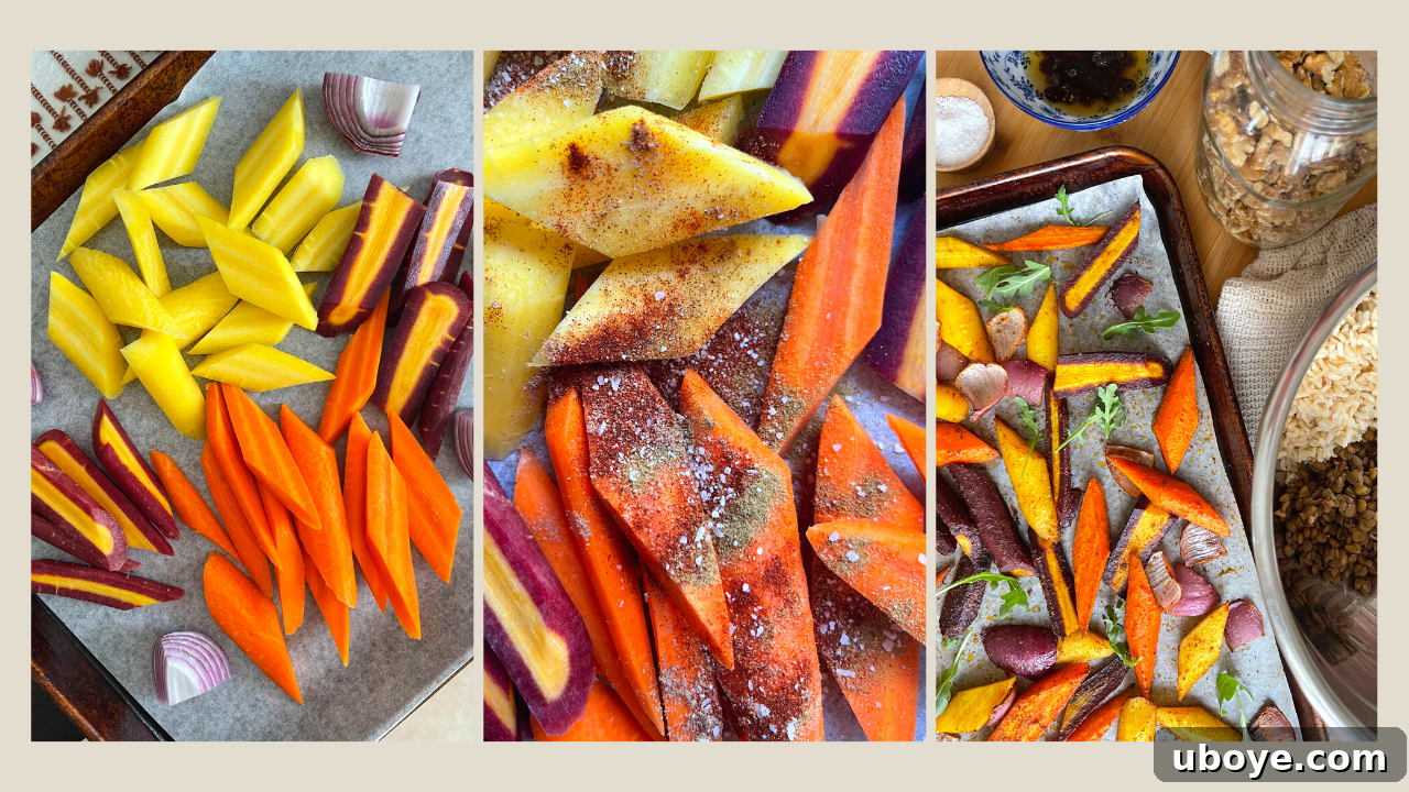 Close-up of Carrot, Lentil, and Arugula Salad, showcasing the textures and colors of roasted carrots, lentils, and fresh greens
