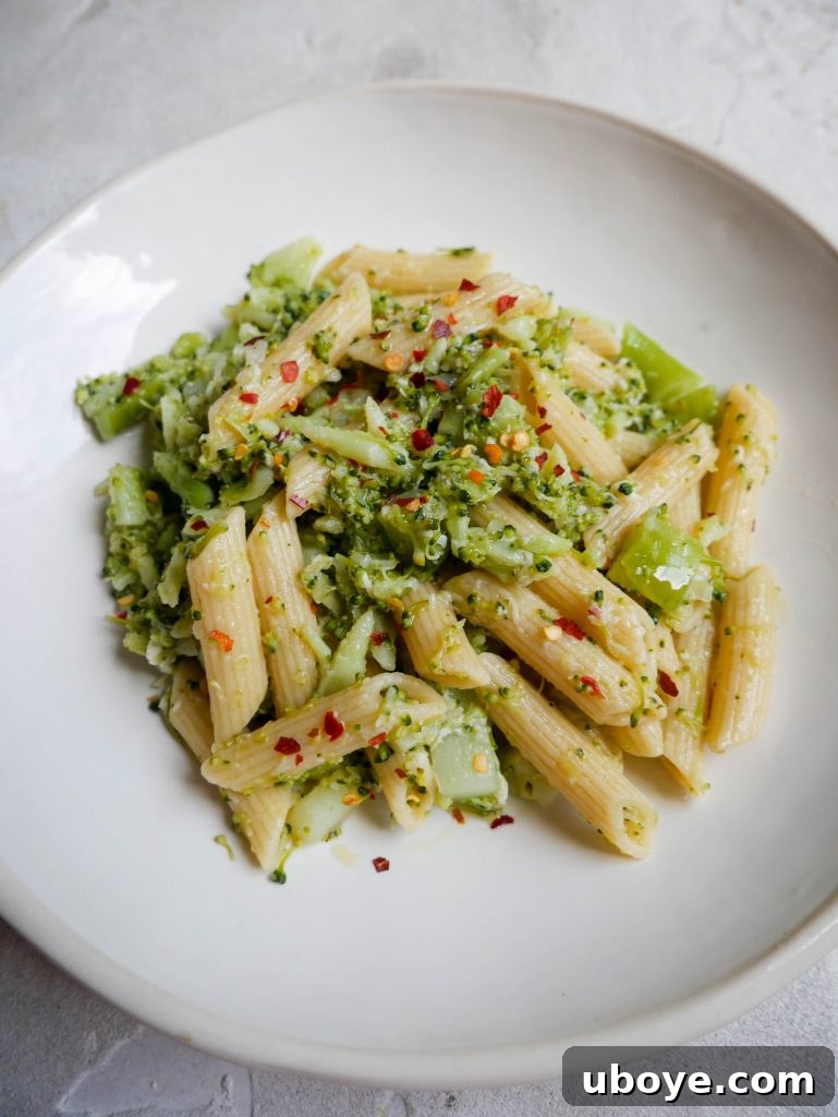 Velvety Broccoli Cheddar Pasta 2 A serving of creamy cheesy broccoli pasta in a white bowl, garnished with fresh herbs and a sprinkle of cheese.