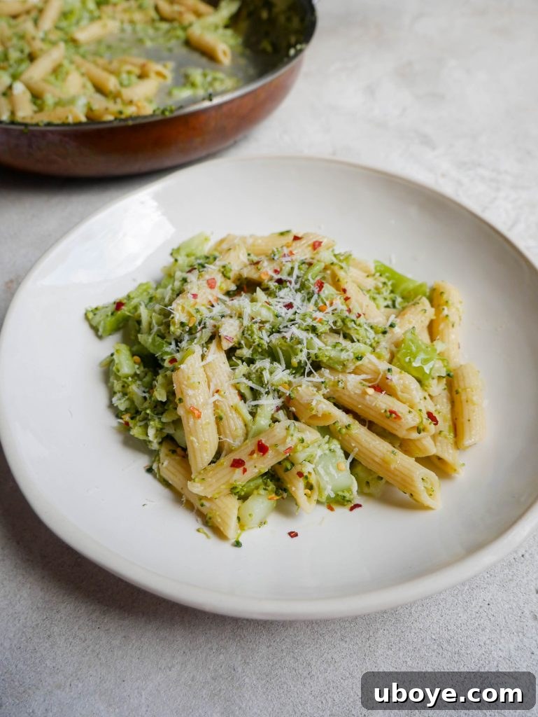 Velvety Broccoli Cheddar Pasta 3 Close-up of freshly cooked cheesy broccoli pasta, showcasing the creamy sauce and pasta texture.
