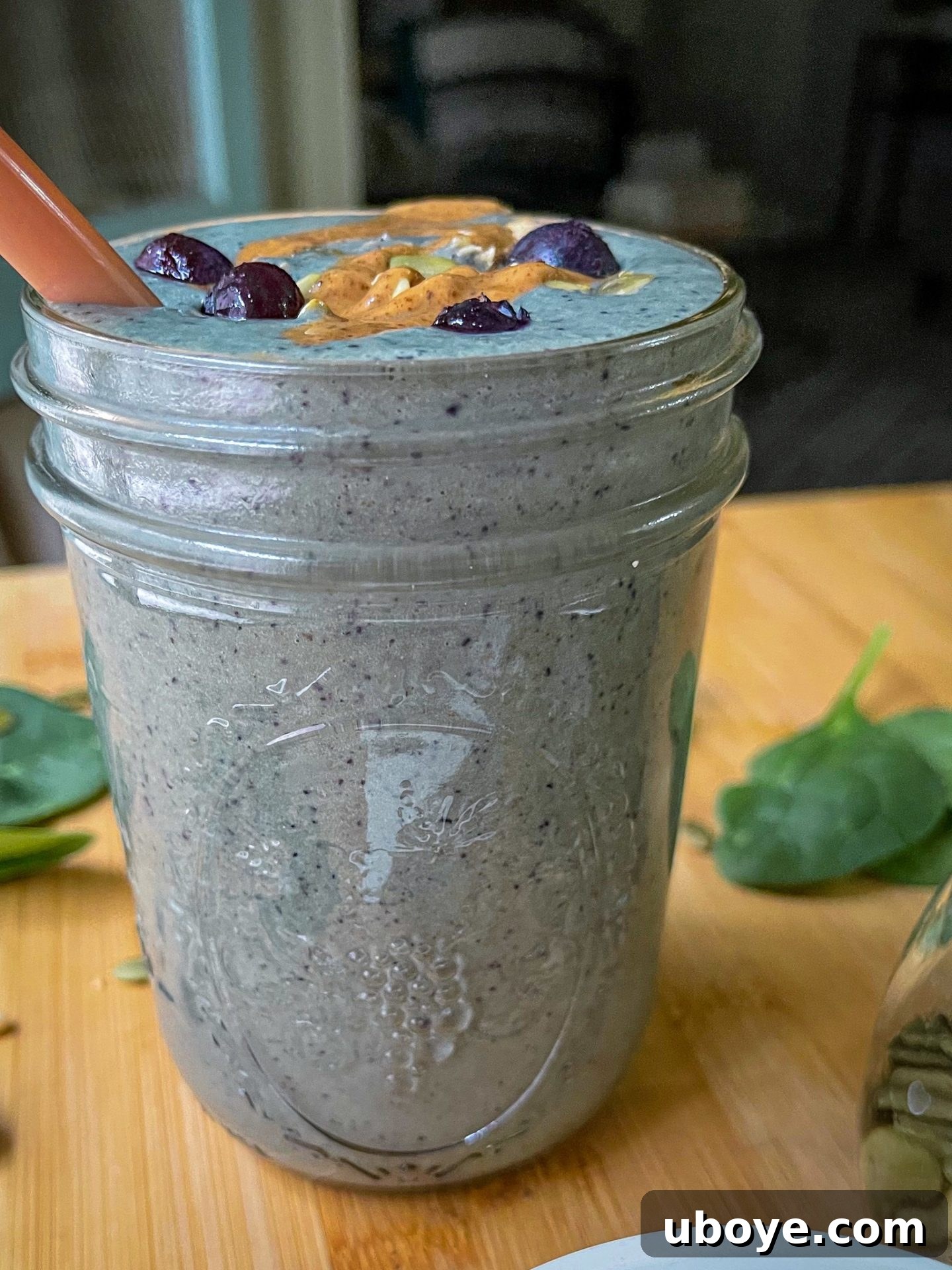 A vibrant close-up of the 3-Minute Blueberry Milkshake Smoothie, showing its thick texture and beautiful color.