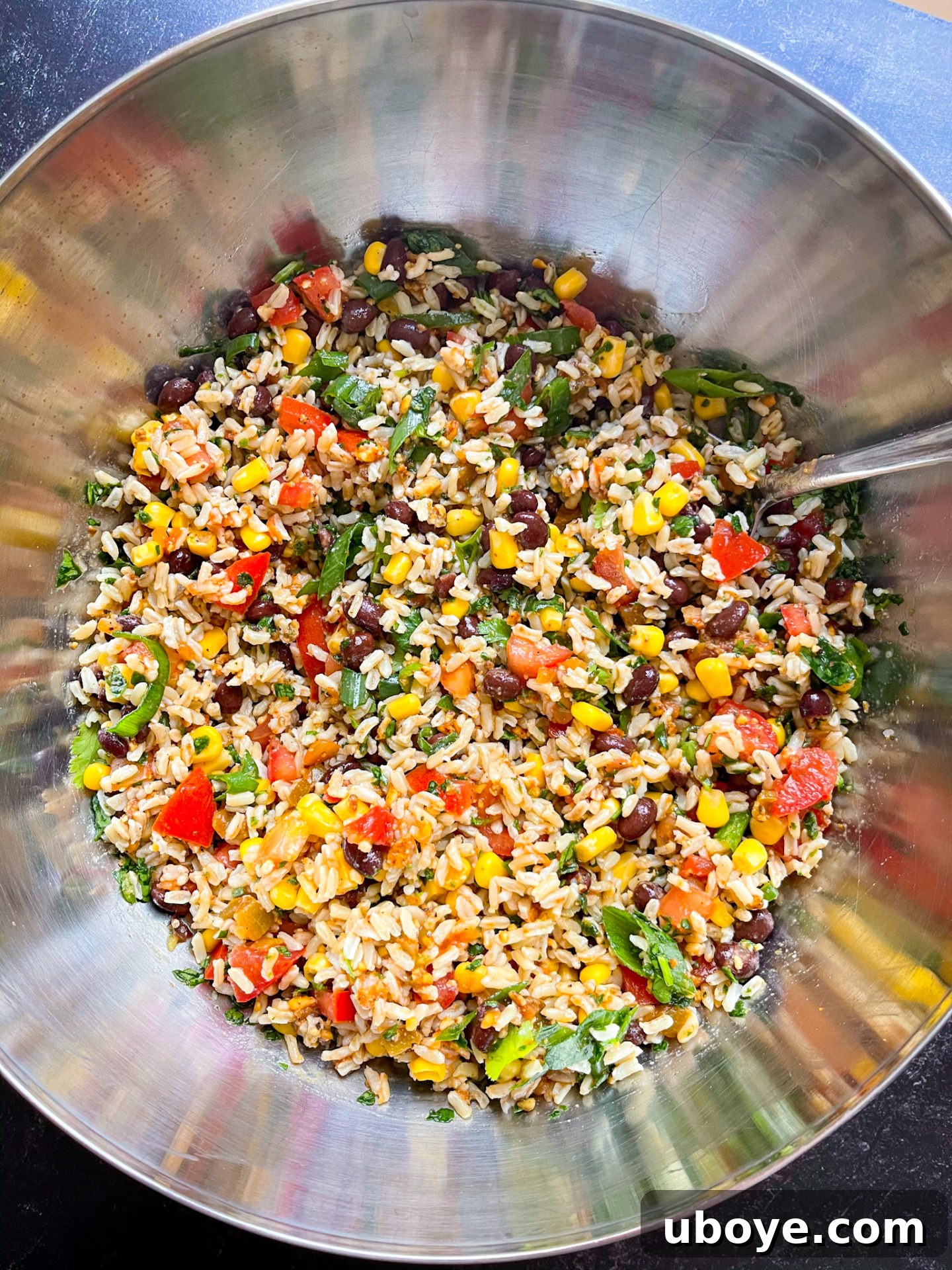 Close-up of the finished black bean, corn, and salsa rice salad recipe