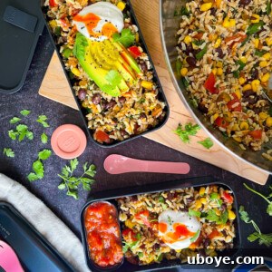 Rice salad with black beans and corn in a black bento box