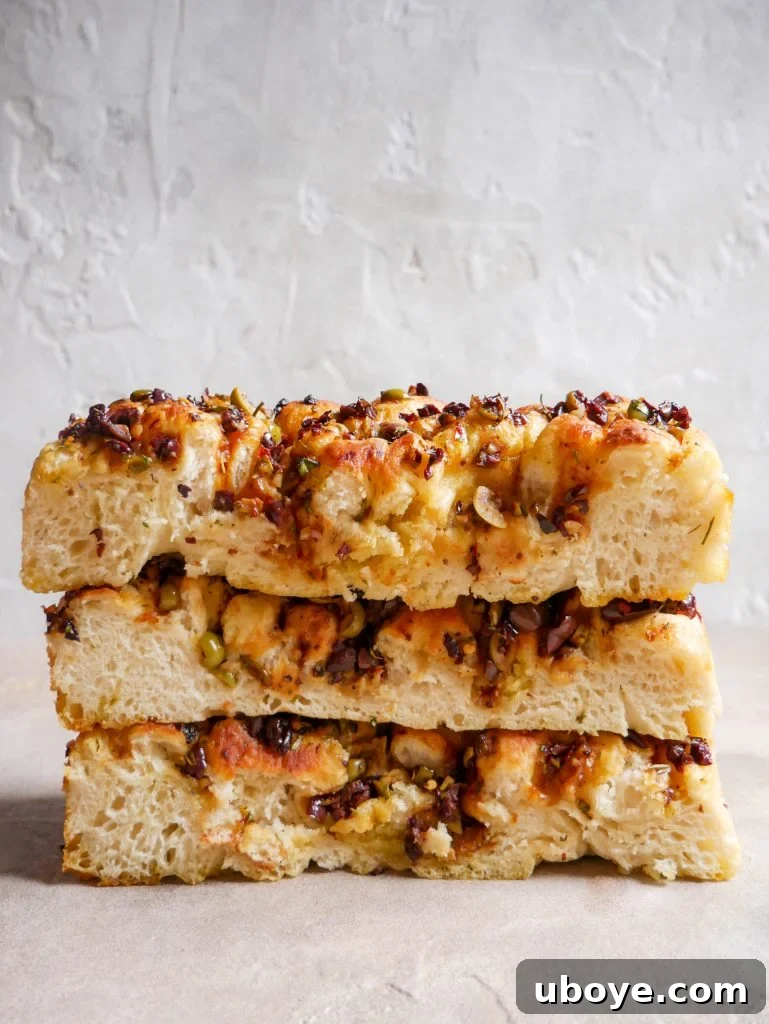 Slice of Olive, Herb and Balsamic Focaccia, showcasing its fluffy interior