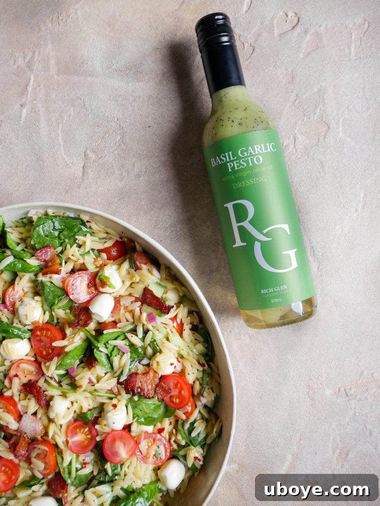 Close-up of Basil Pesto Pasta Summer Salad being served