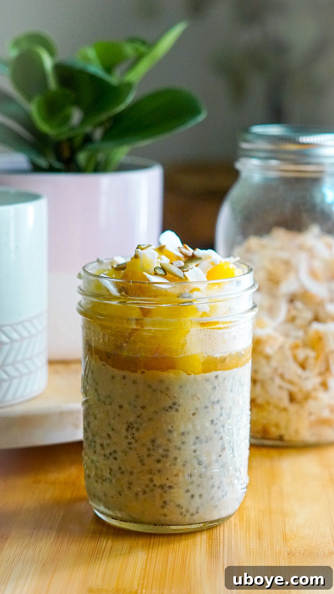 Sunrise Island Protein Oats with Golden Pineapple Glaze 2 Vegan vanilla protein overnight oats with warm pineapple apricot sauce, a healthy make-ahead breakfast recipe
