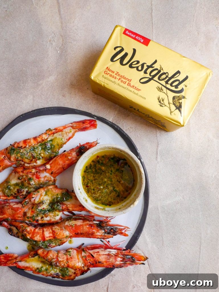 A beautifully presented platter of Garlic Confit Butter BBQ Butterflied Prawns