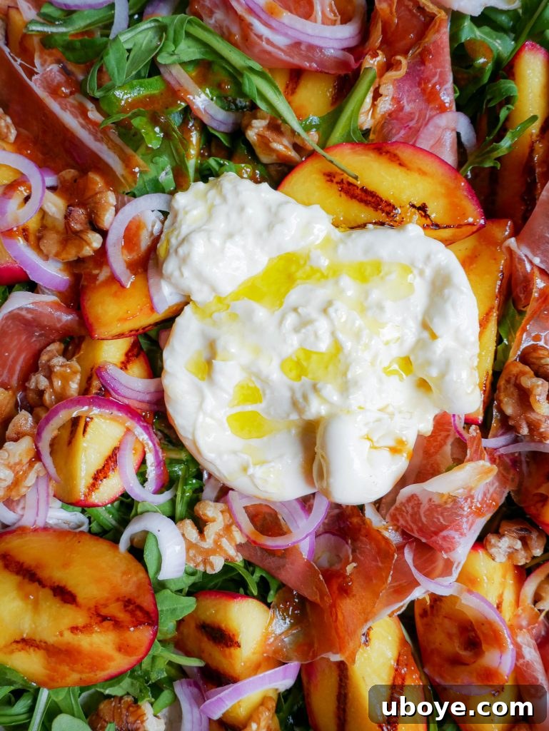 Blushing Peach Salad, Garlic Confit Infused 3 Close-up of the refreshing peach salad, highlighting fresh ingredients and dressing.