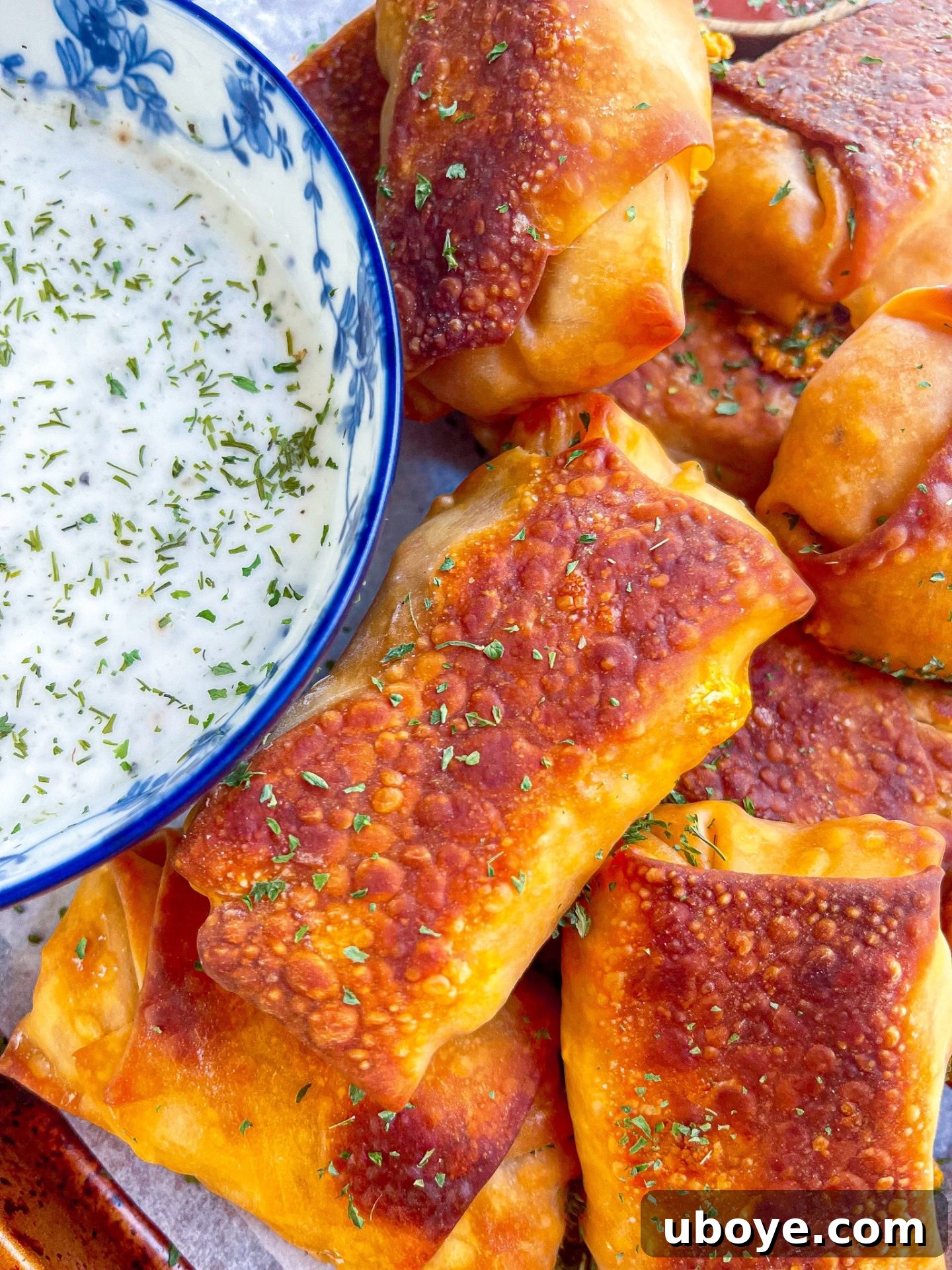 Oven-baked vegan buffalo chicken eggrolls with homemade vegan ranch dressing ready to serve