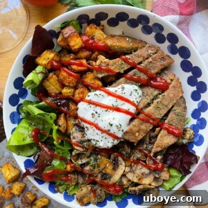 Plant-Powered Steakhouse Bowl 3 Close-up of vegan steakhouse burger bowl recipe