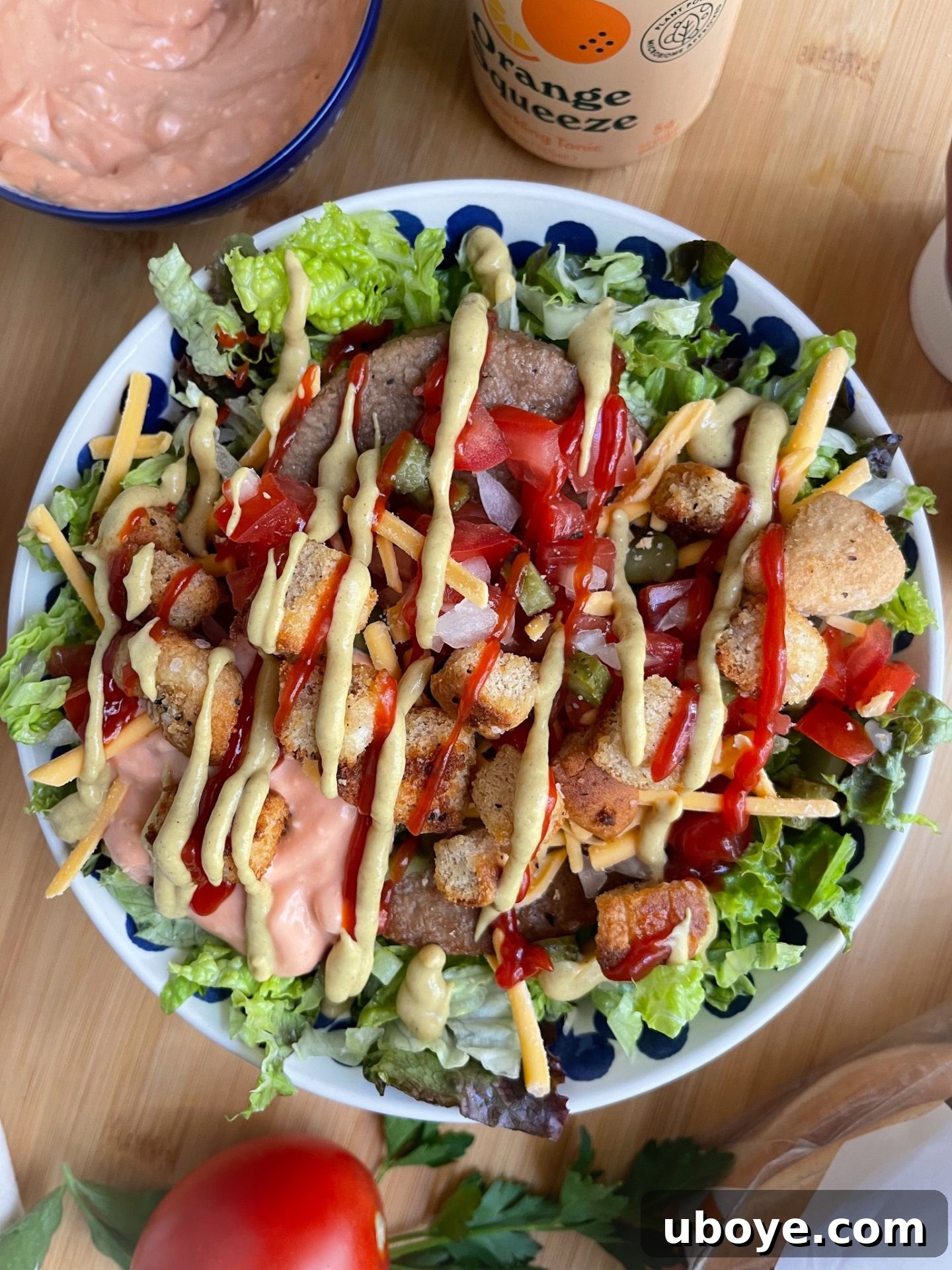 Delicious Vegan Big Mac Burger Bowl with crispy croutons and special sauce