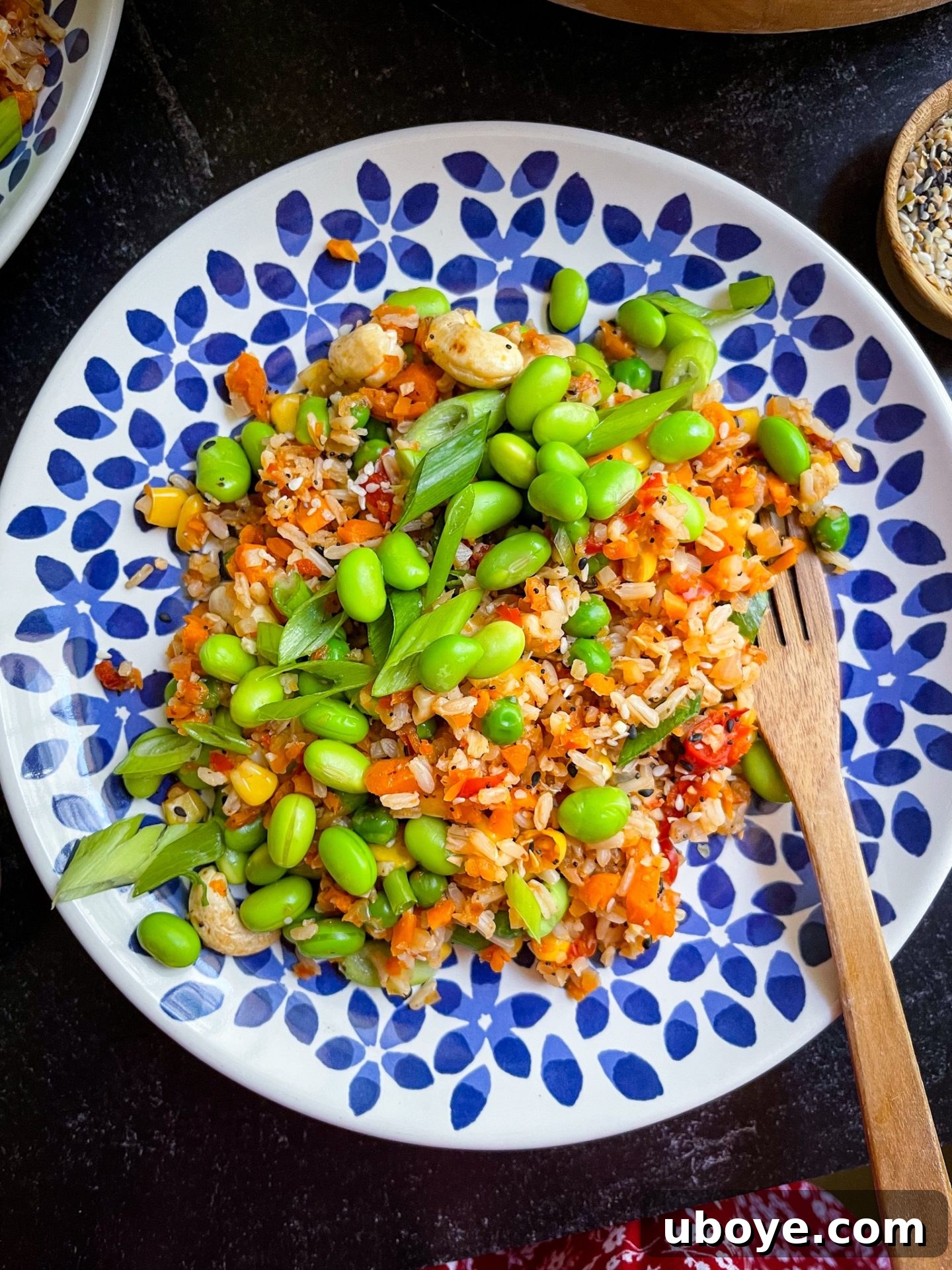Beautifully plated vegetable fried rice, garnished with shelled edamame, toasted cashews, and fresh herbs, ready to be enjoyed.