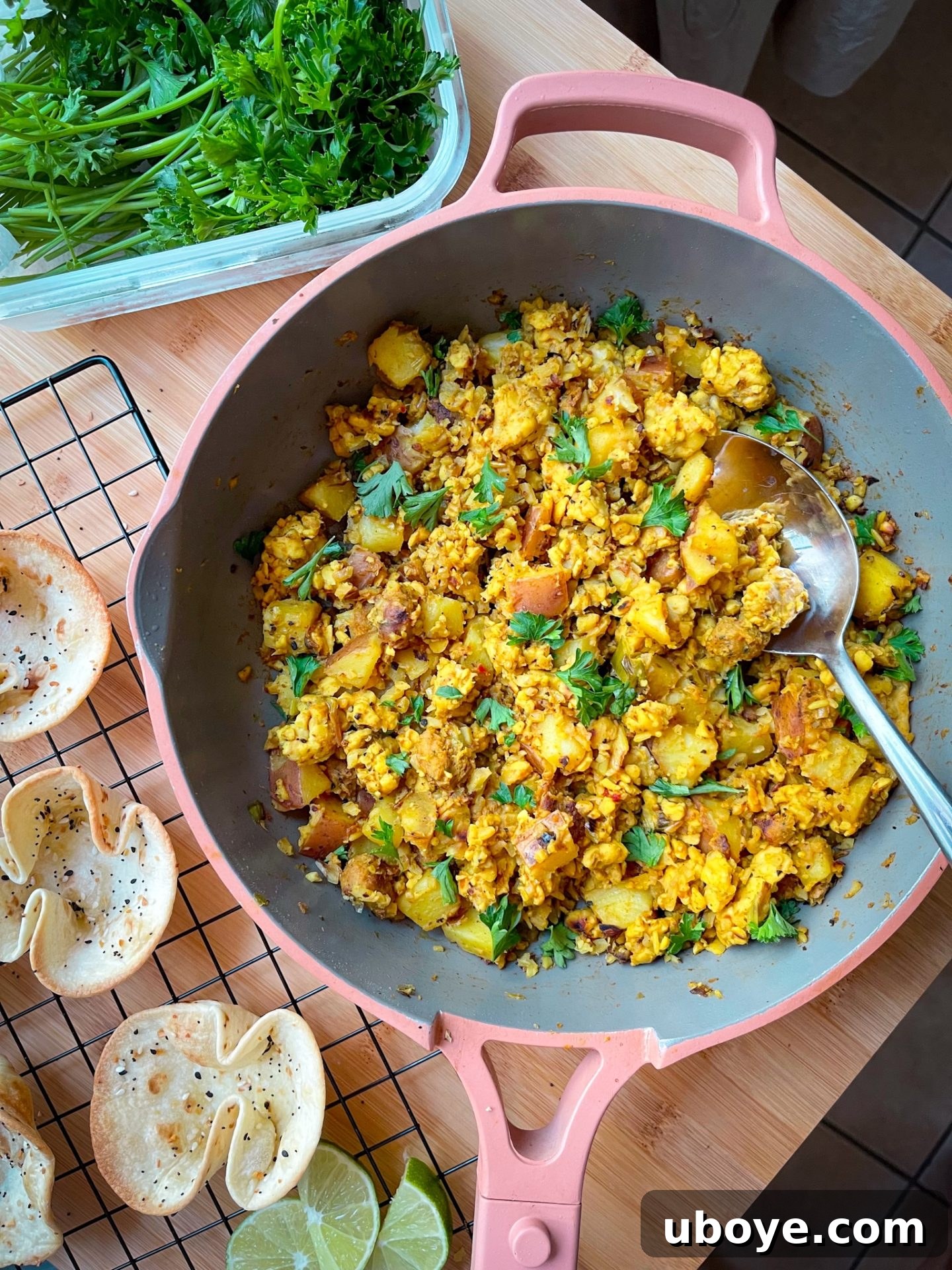 Hearty vegan tempeh, sausage, and potato hash, perfect for breakfast bowls