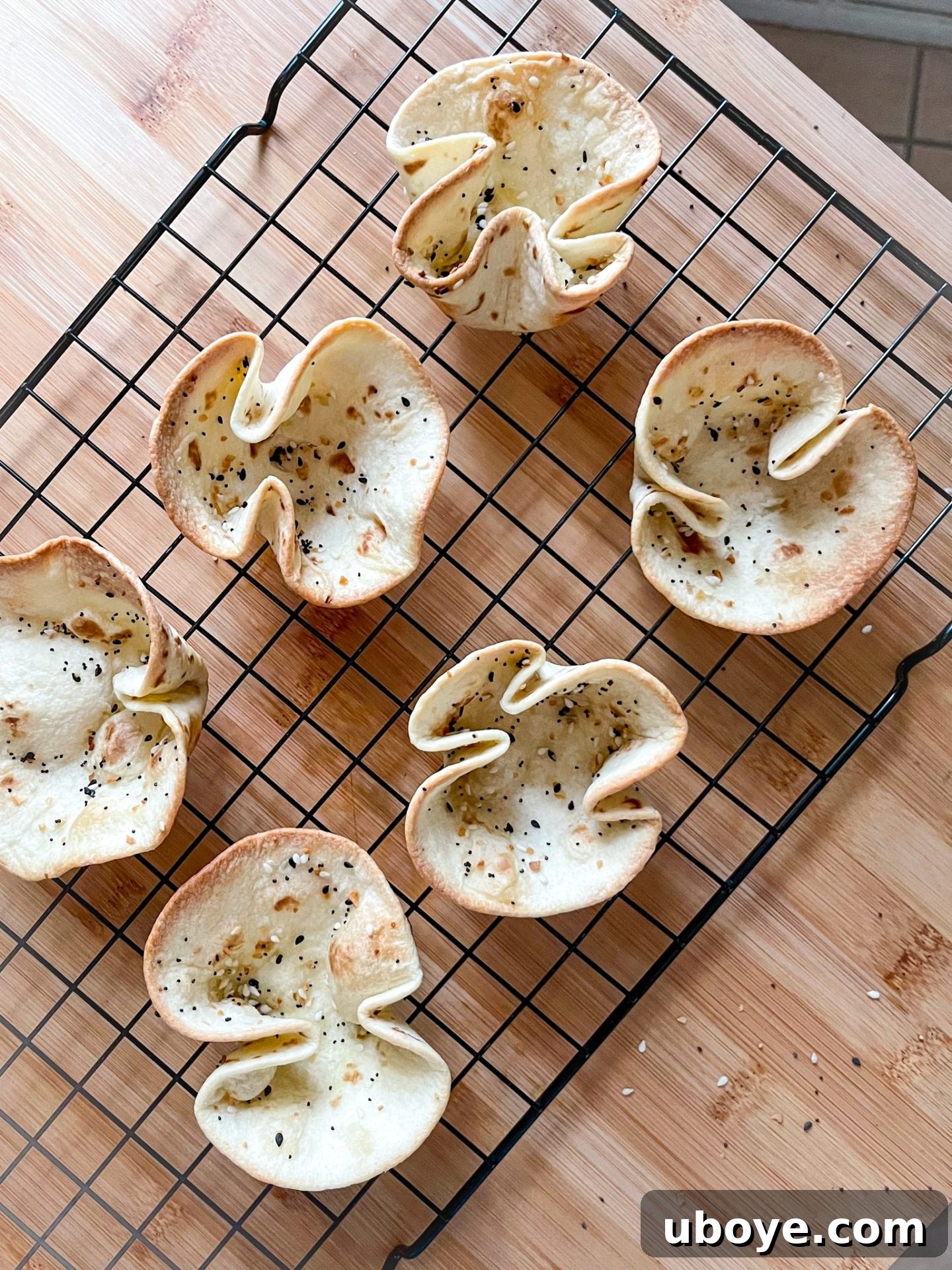 Crispy homemade Everything Bagel Tortilla Boats, ready for filling