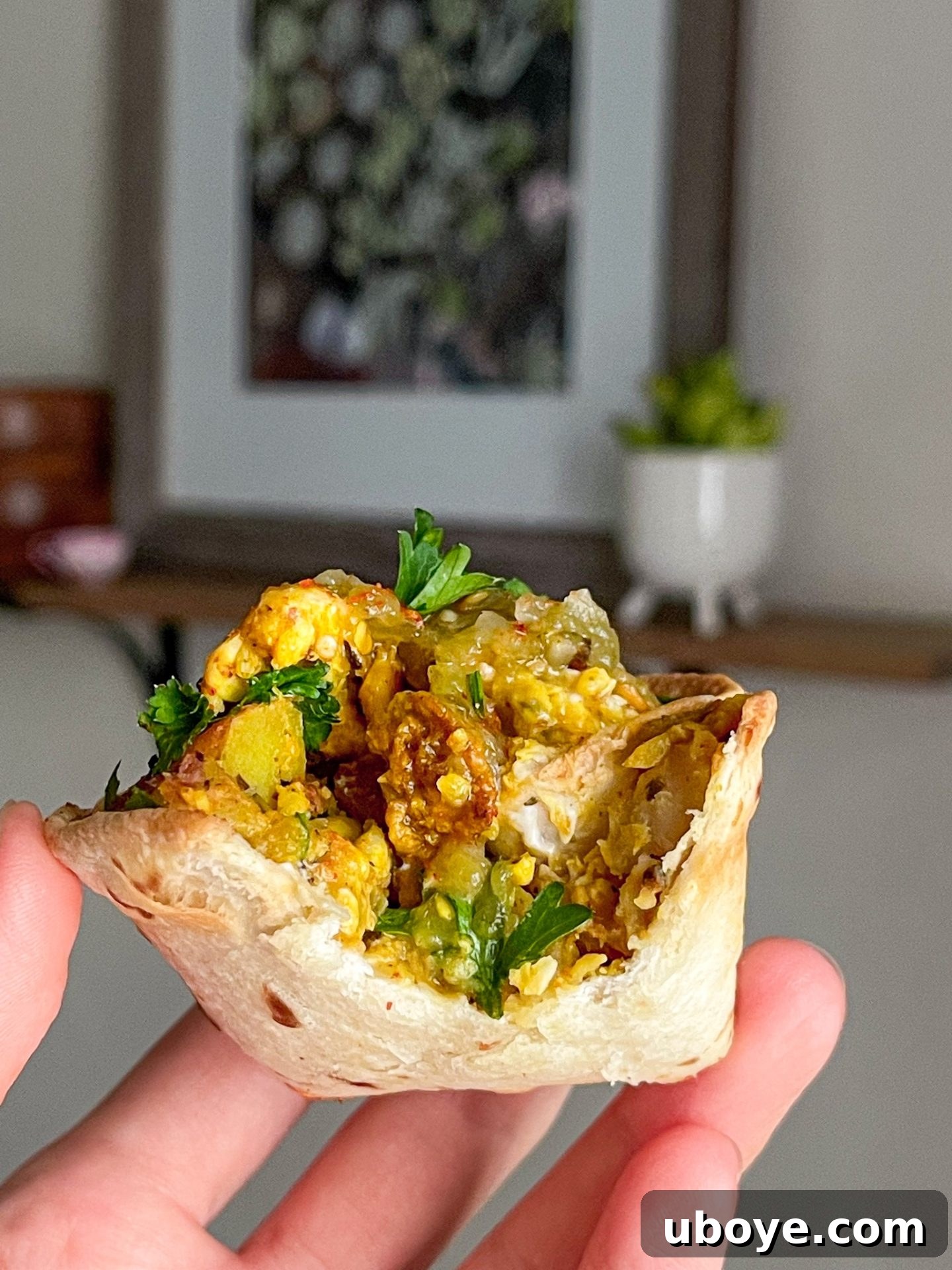 Mini vegan breakfast burrito bowls filled with hash and fresh toppings