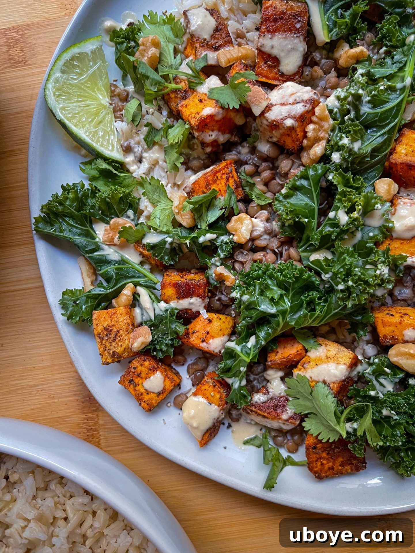 Savory vegan rice and lentils nourish bowl with roasted sweet potatoes and steamed kale, topped with creamy cashew sauce