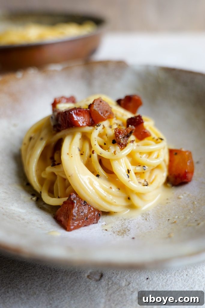Authentic Roman Carbonara 2 A beautifully plated authentic carbonara with freshly ground black pepper.