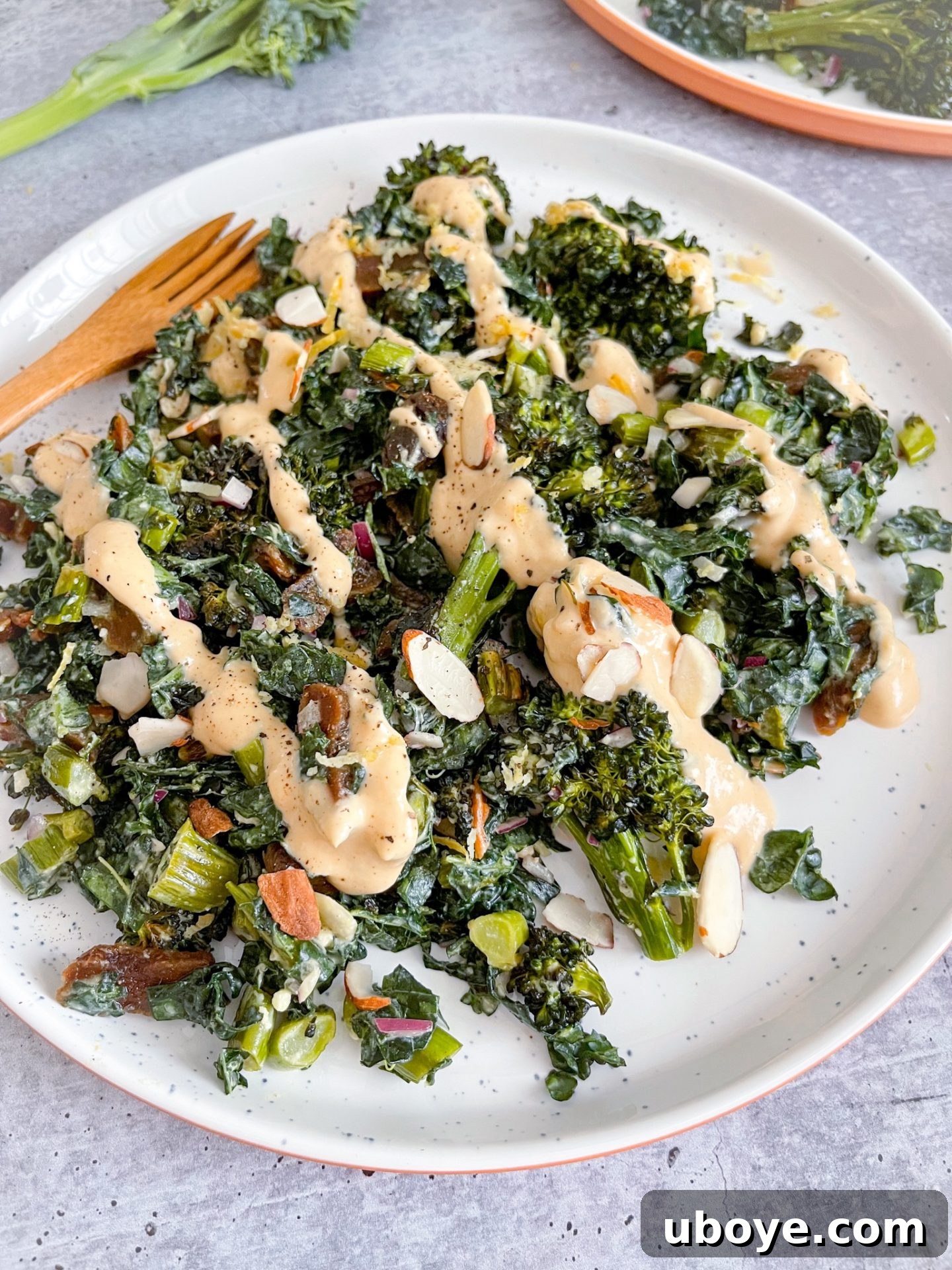 Golden Roasted Broccolini Salad with Sweet Apricots, Zesty Lemon, and Crisp Kale 4 Creamy, oil-free vegan Smokey Maple Mustard Dressing recipe