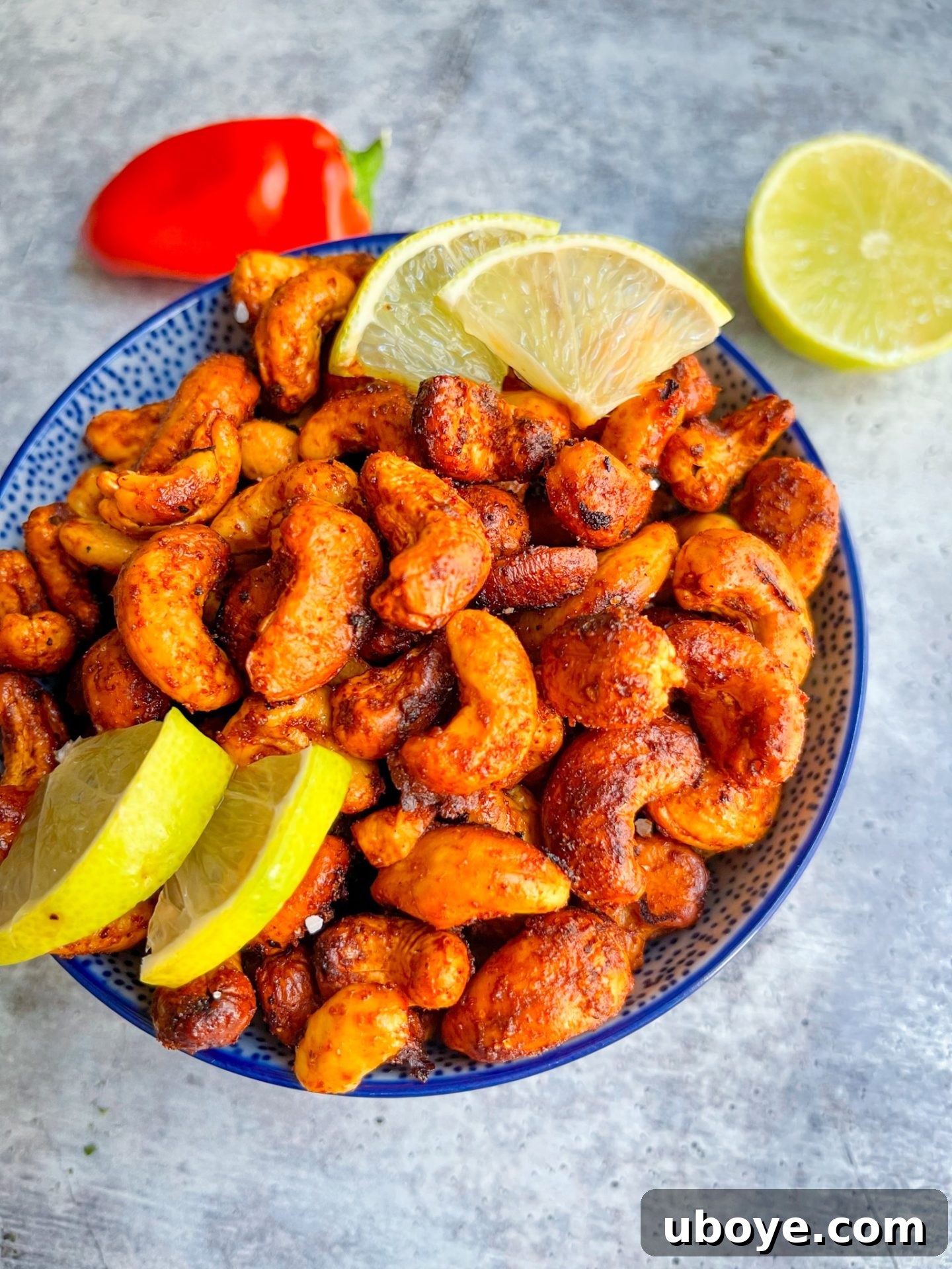 Delicious homemade oil-free vegan chili lime cashews recipe, perfectly roasted and seasoned.
