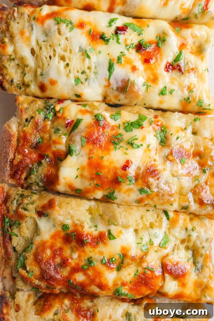 Irresistible Cheesy Garlic Bread 6 Golden brown garlic cheese bread slices