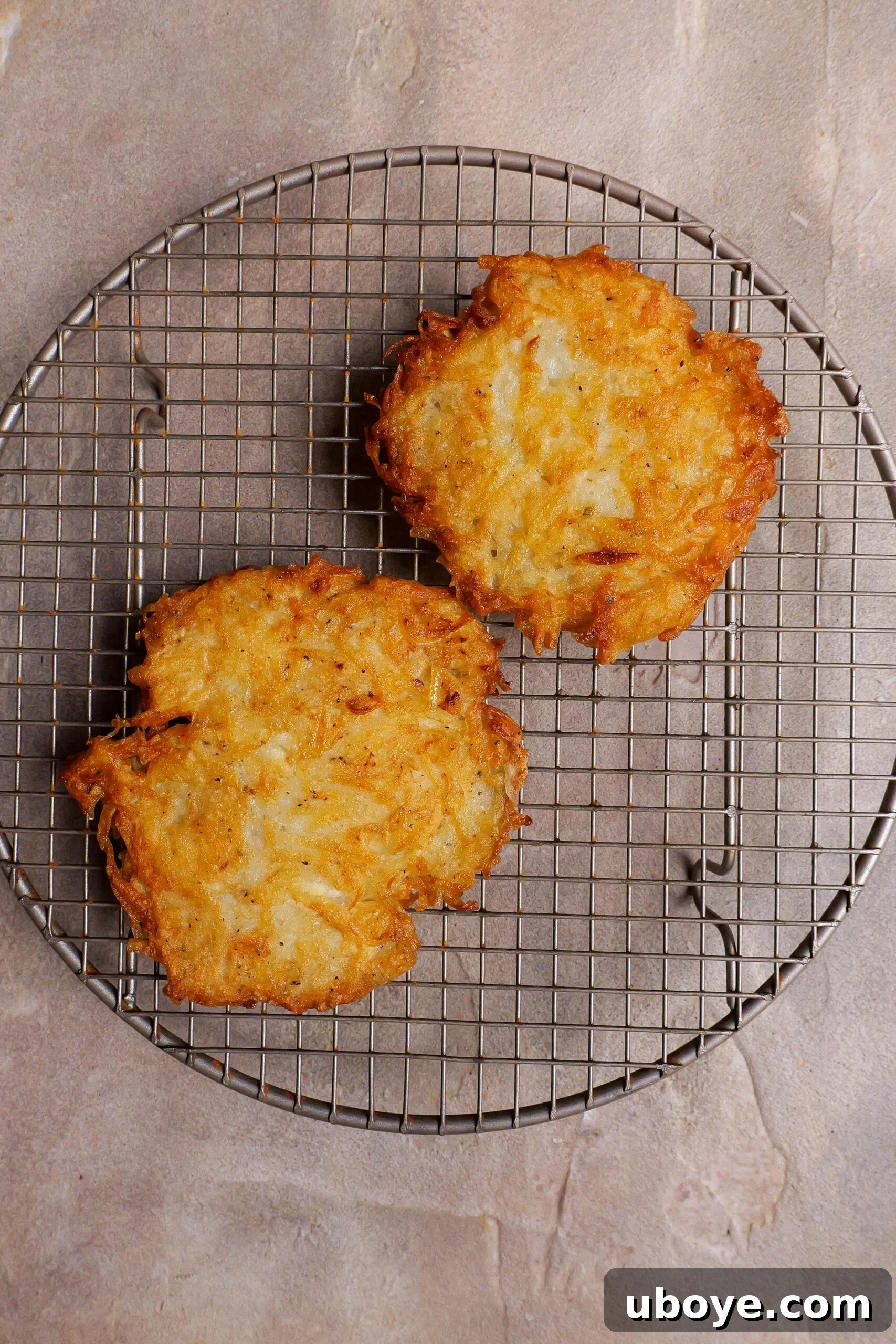 Golden Crispy Potato Rosti 2 Freshly cooked potato rosti cooling on a circular wire rack, showcasing its golden-brown, crispy exterior.