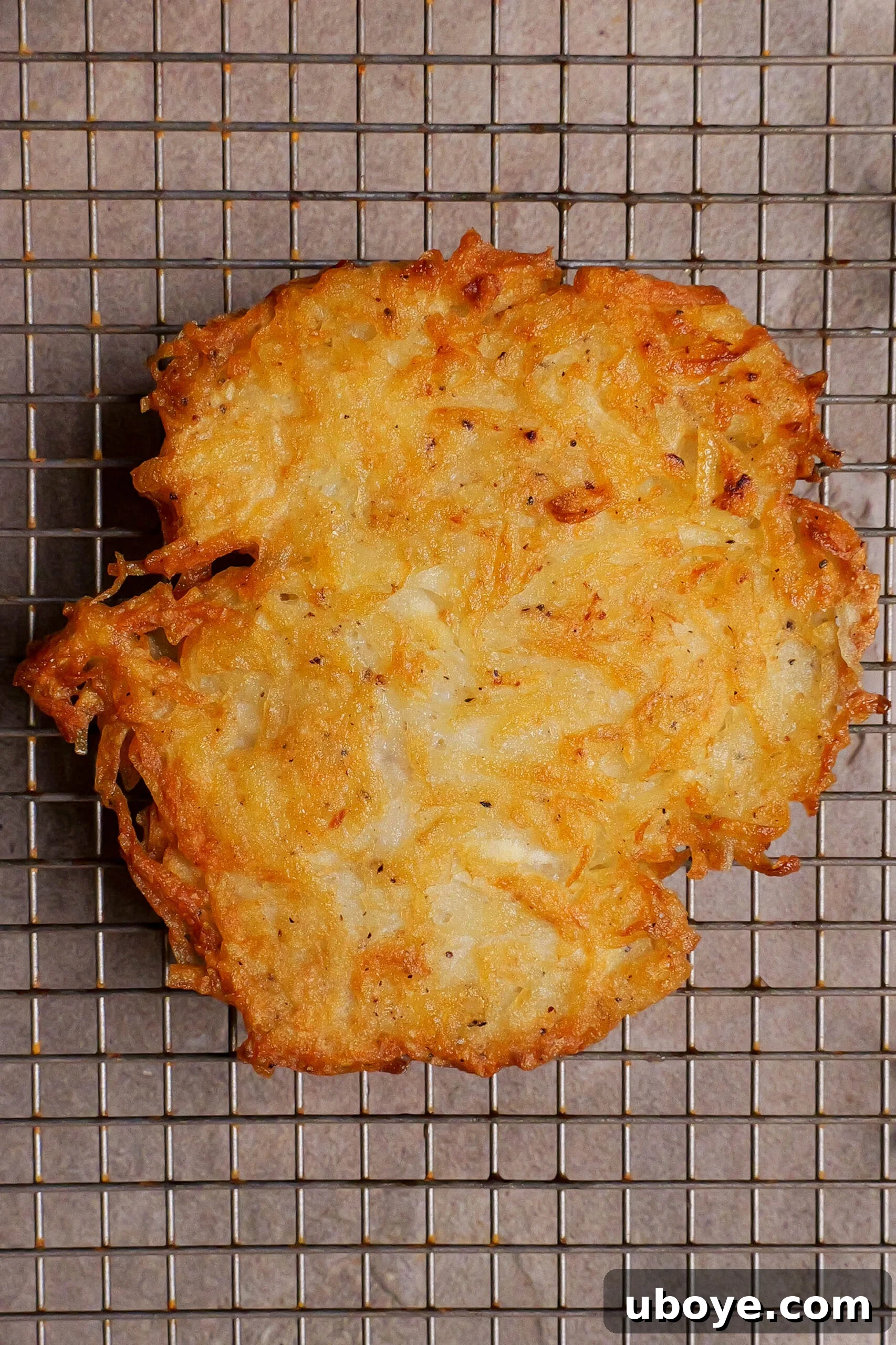 Golden Crispy Potato Rosti 10 A freshly fried potato rosti resting on a circular wire cooling rack, allowing air circulation for maximum crispness.